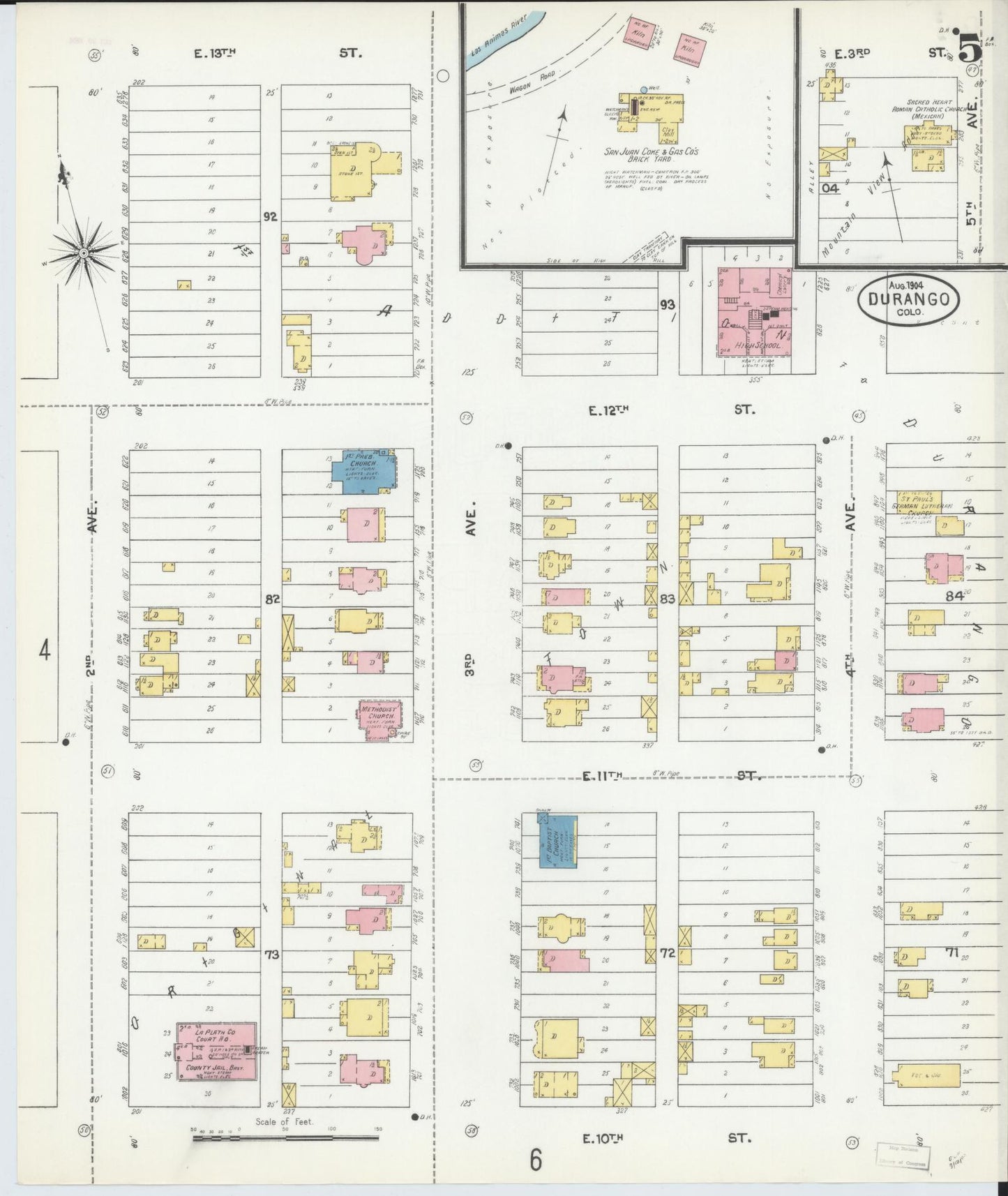 Sanborn Fire Insurance Map from Durango, La Plata County, Colorado (1904), Sheet #0005 - Complete Map Set gallery image, historic Sanborn map, vintage wall art, Colorado Colorado
