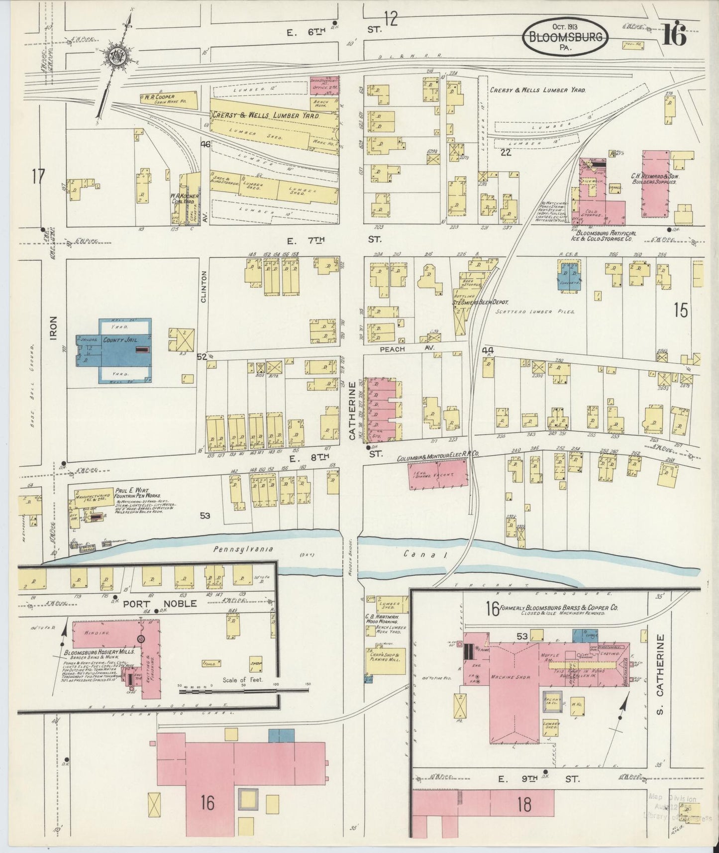 Sanborn Fire Insurance Map from Bloomsburg, Columbia County, Pennsylvania (1913), Sheet #0016 - Historic Sanborn Fire Insurance Map Print, vintage old map wall art, antique decor, genealogy gift, Pennsylvania Pennsylvania map