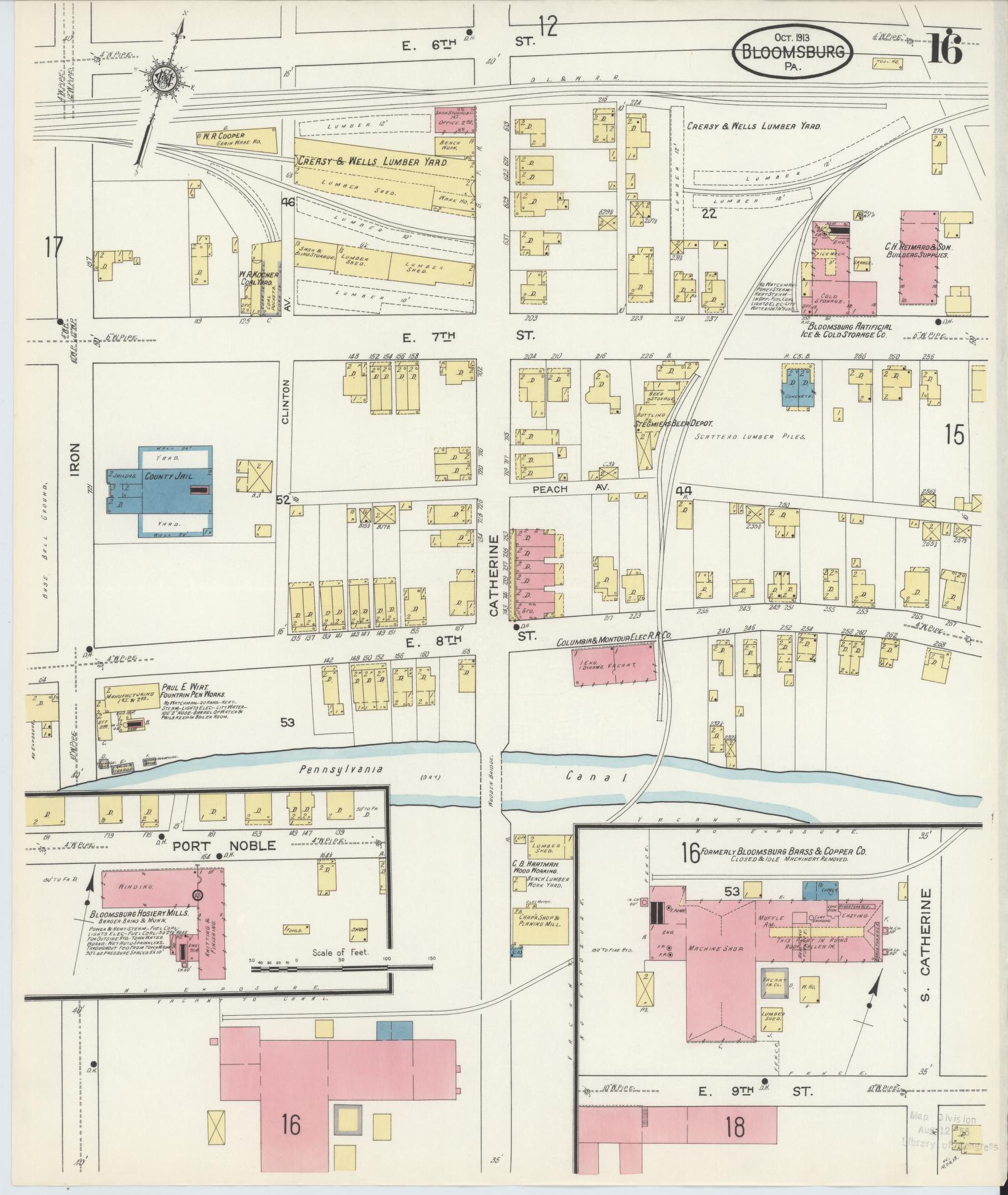 Sanborn Fire Insurance Map from Bloomsburg, Columbia County, Pennsylvania (1913), Sheet #0016 - Historic Sanborn Fire Insurance Map Print, vintage old map wall art, antique decor, genealogy gift, Pennsylvania Pennsylvania map