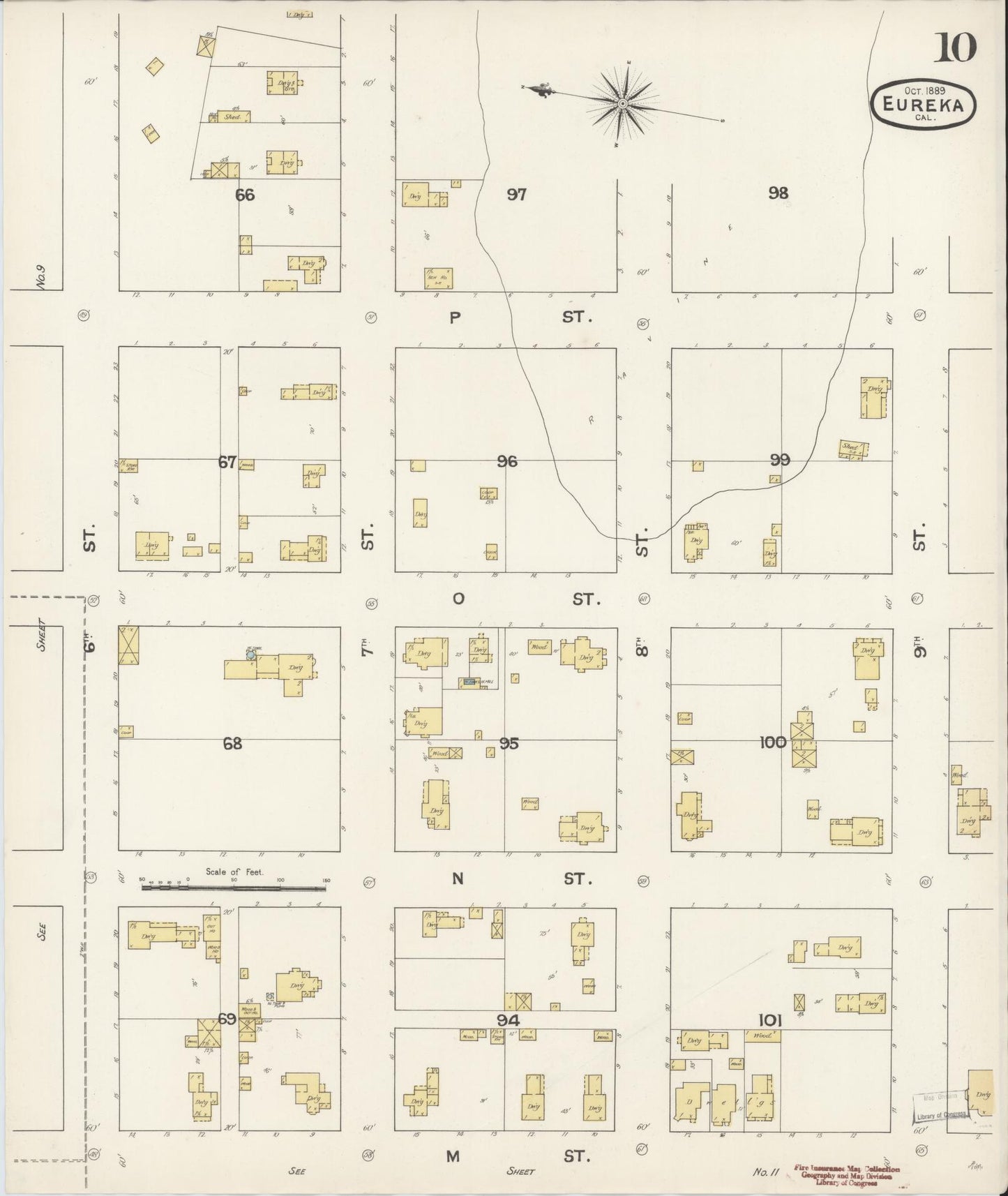 Sanborn Fire Insurance Map from Eureka, Humboldt County, California (1889), Sheet #0010 - Historic Sanborn Fire Insurance Map Print, vintage old map wall art, antique decor, genealogy gift, California California map