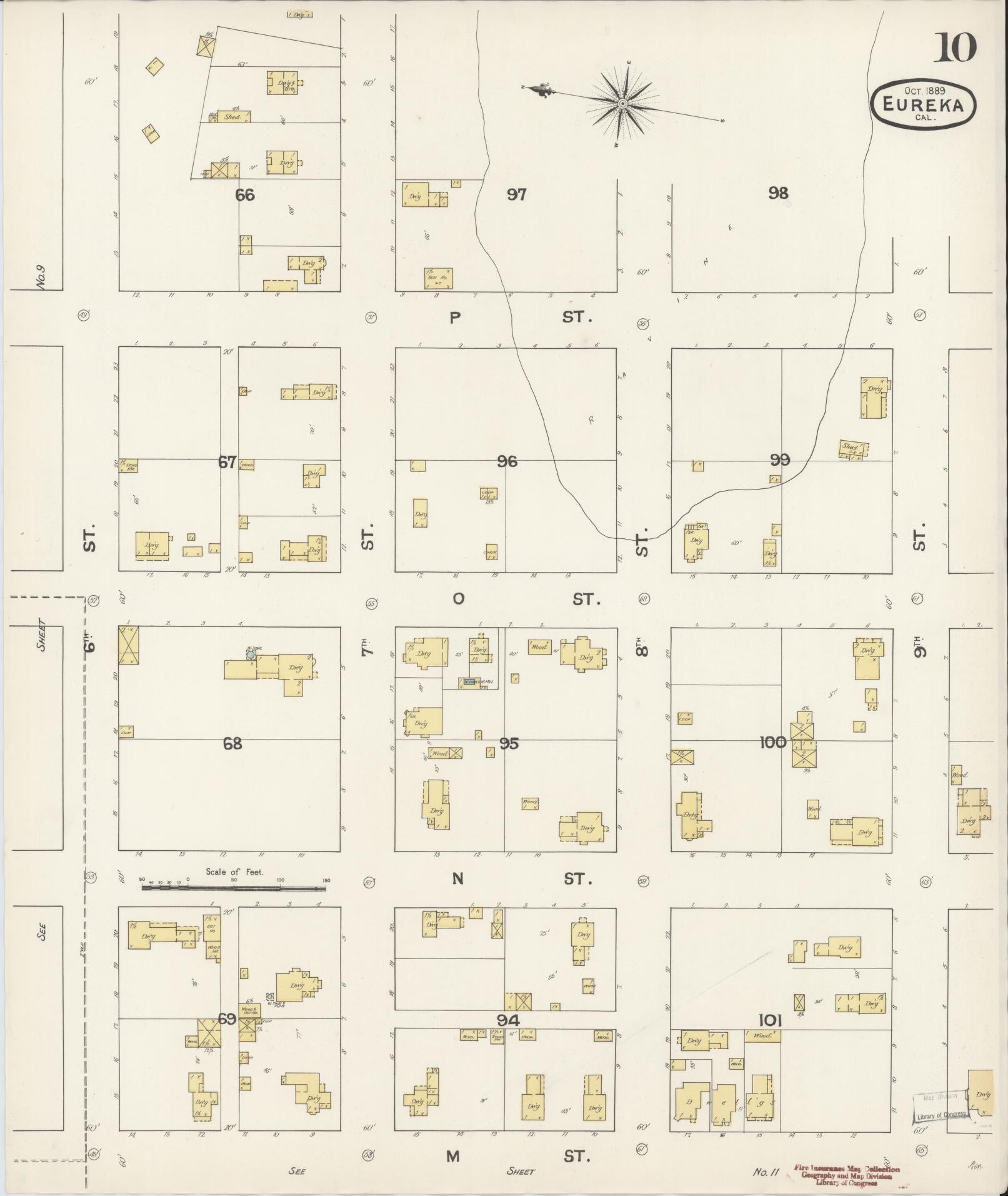 Sanborn Fire Insurance Map from Eureka, Humboldt County, California (1889), Sheet #0010 - Historic Sanborn Fire Insurance Map Print, vintage old map wall art, antique decor, genealogy gift, California California map