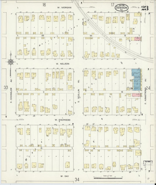 Sanborn Fire Insurance Map from Denison, Grayson County, Texas (1914), Sheet #0023 - Historic Sanborn Fire Insurance Map Print, vintage old map wall art, antique decor, genealogy gift, Texas Texas map
