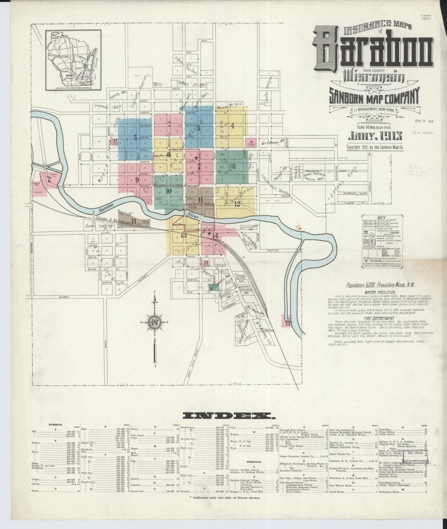 Sanborn Fire Insurance Map from Baraboo, Sauk County, Wisconsin (1913), Sheet #0001 - Complete Map Set gallery image, historic Sanborn map, vintage wall art, Wisconsin Wisconsin