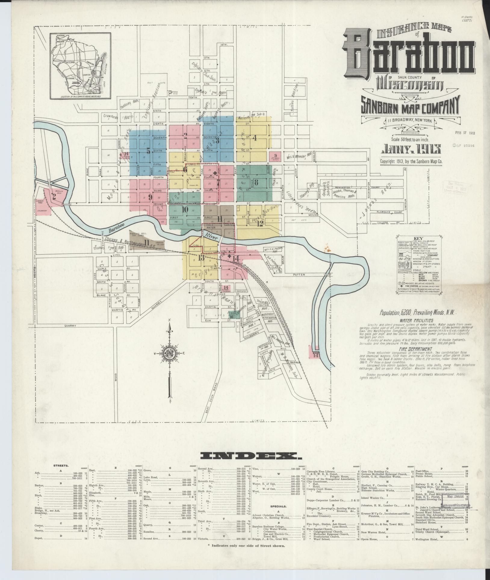 Sanborn Fire Insurance Map from Baraboo, Sauk County, Wisconsin (1913), Sheet #0001 - Complete Map Set gallery image, historic Sanborn map, vintage wall art, Wisconsin Wisconsin