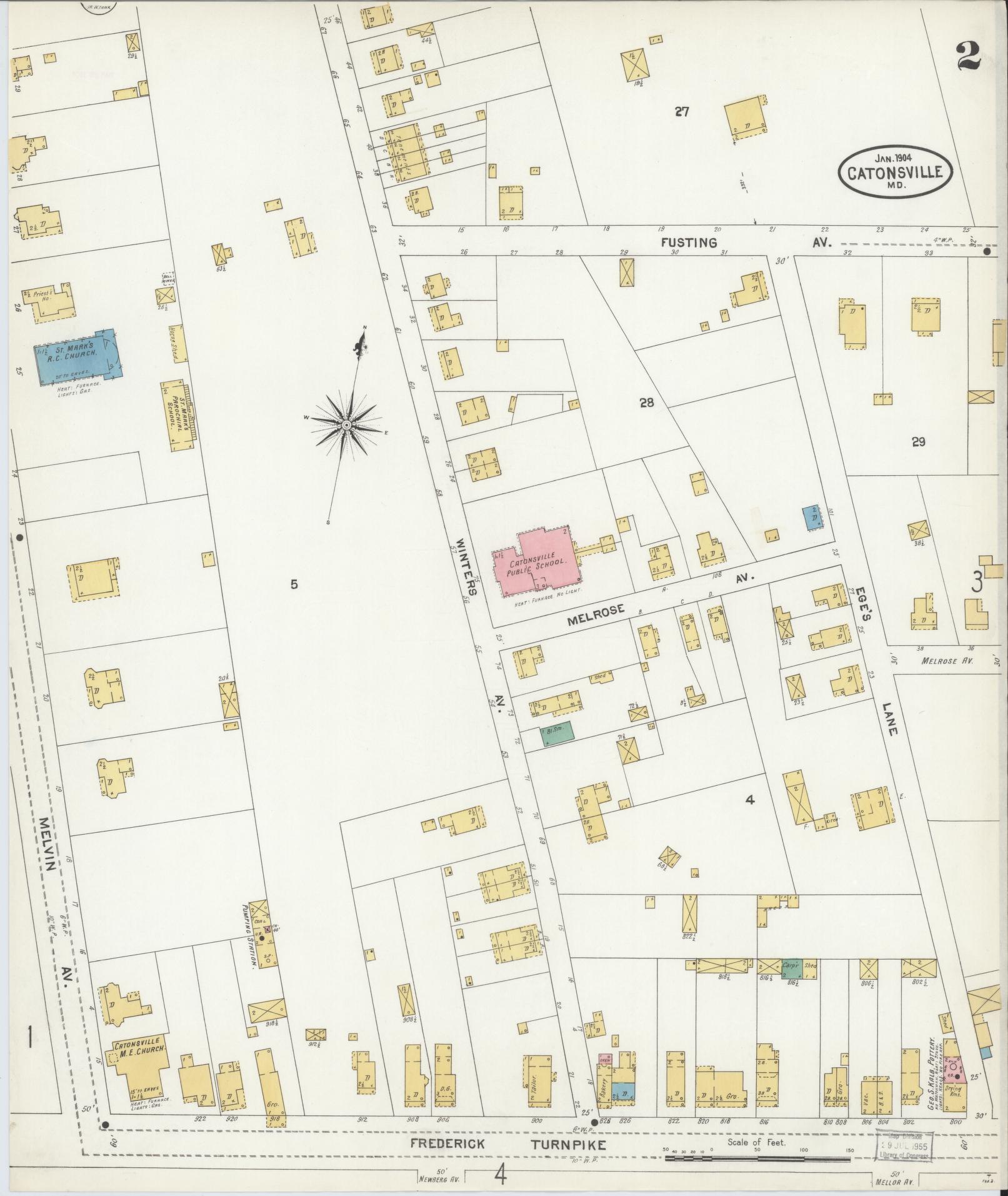 Sanborn Fire Insurance Map from Catonsville, Baltimore County, Maryland (1904), Sheet #0002 - Complete Map Set gallery image, historic Sanborn map, vintage wall art, Maryland Maryland