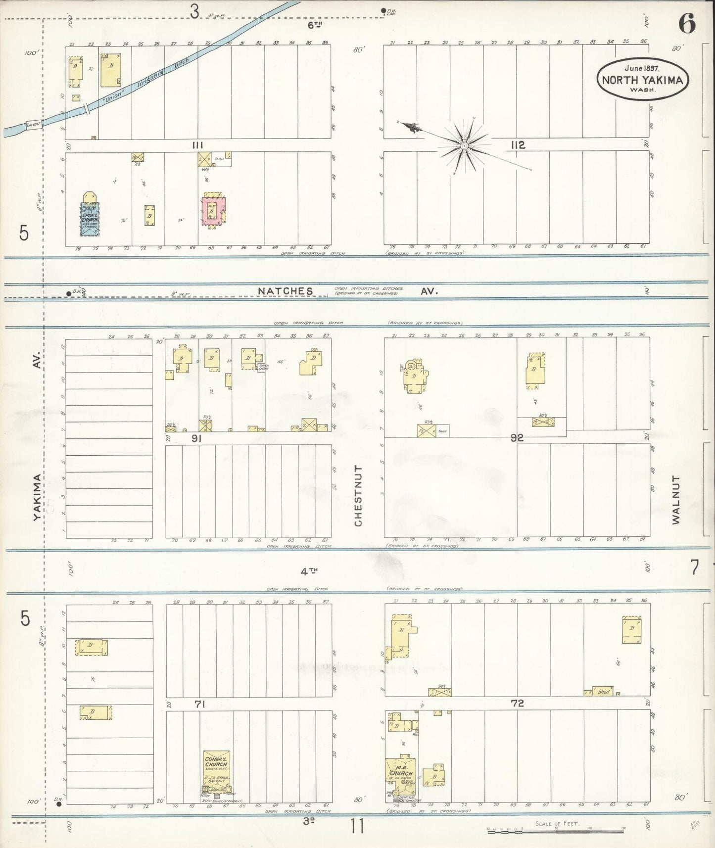 Sanborn Fire Insurance Map from North Yakima, Yakima County, Washington (1897), Sheet #0006 - Complete Map Set gallery image, historic Sanborn map, vintage wall art, Washington Washington