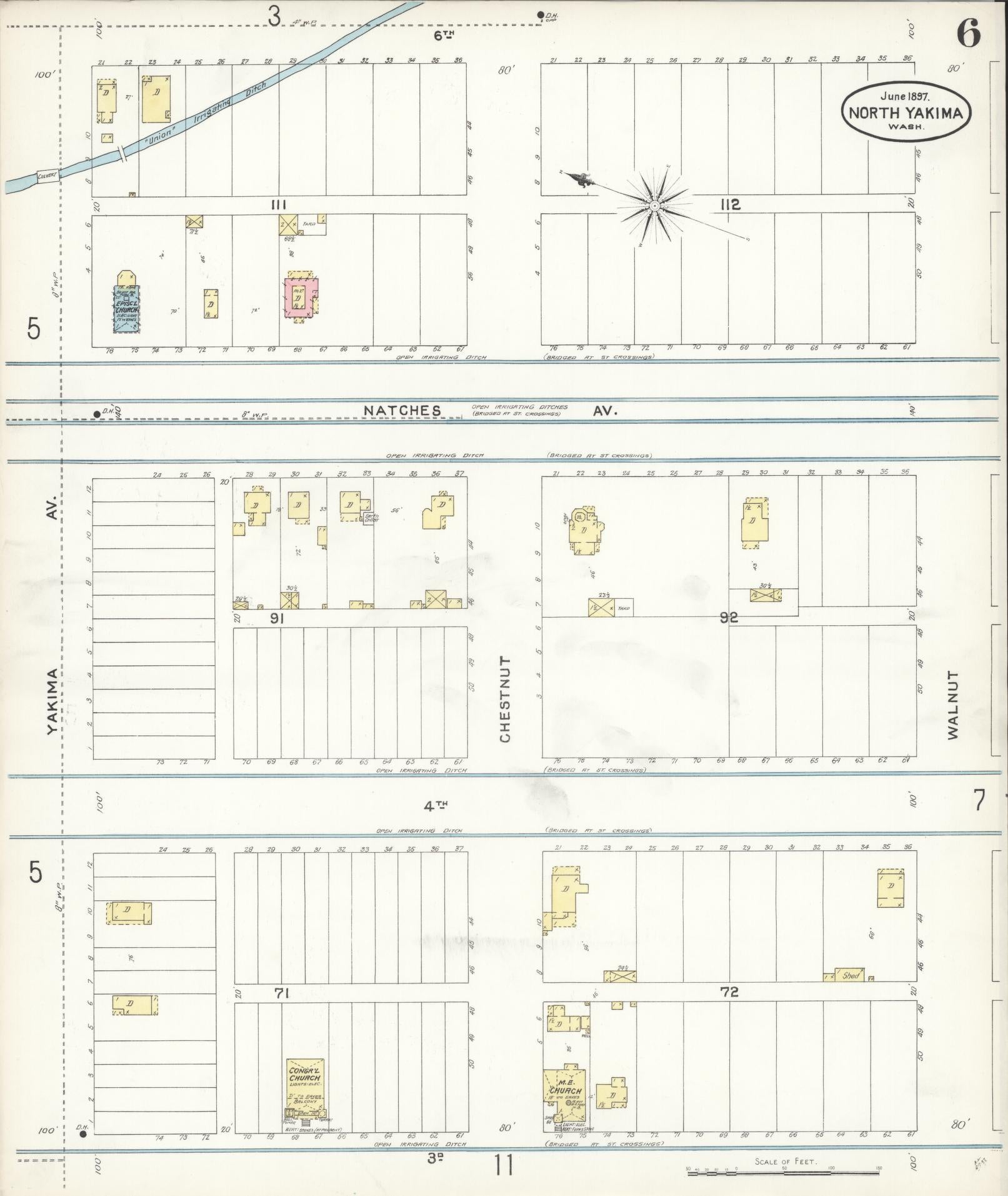 Sanborn Fire Insurance Map from North Yakima, Yakima County, Washington (1897), Sheet #0006 - Complete Map Set gallery image, historic Sanborn map, vintage wall art, Washington Washington