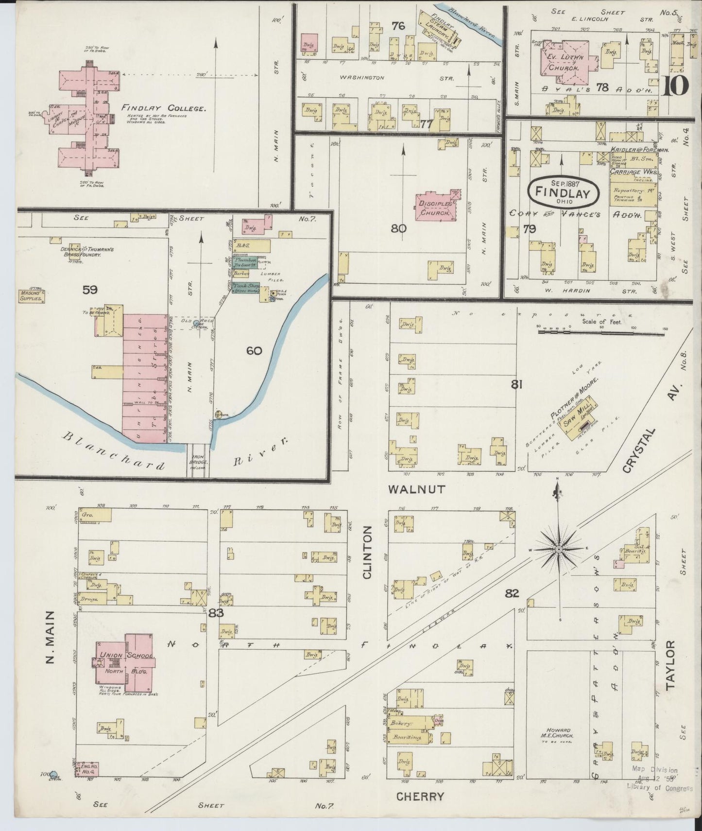 Sanborn Fire Insurance Map from Findlay, Hancock County, Ohio (1887), Sheet #0010 - Historic Sanborn Fire Insurance Map Print, vintage old map wall art, antique decor, genealogy gift, Ohio Ohio map