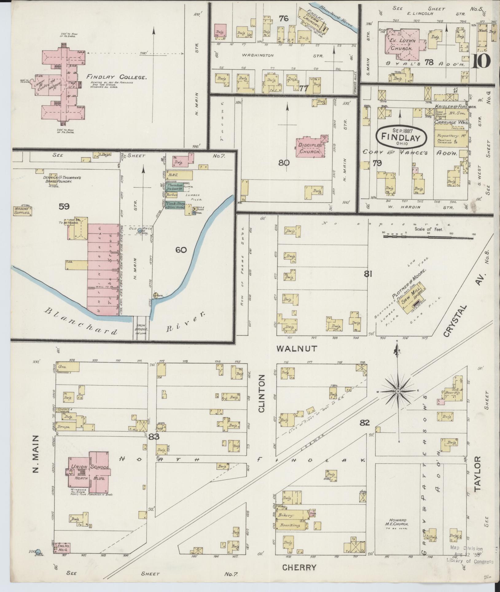 Sanborn Fire Insurance Map from Findlay, Hancock County, Ohio (1887), Sheet #0010 - Historic Sanborn Fire Insurance Map Print, vintage old map wall art, antique decor, genealogy gift, Ohio Ohio map