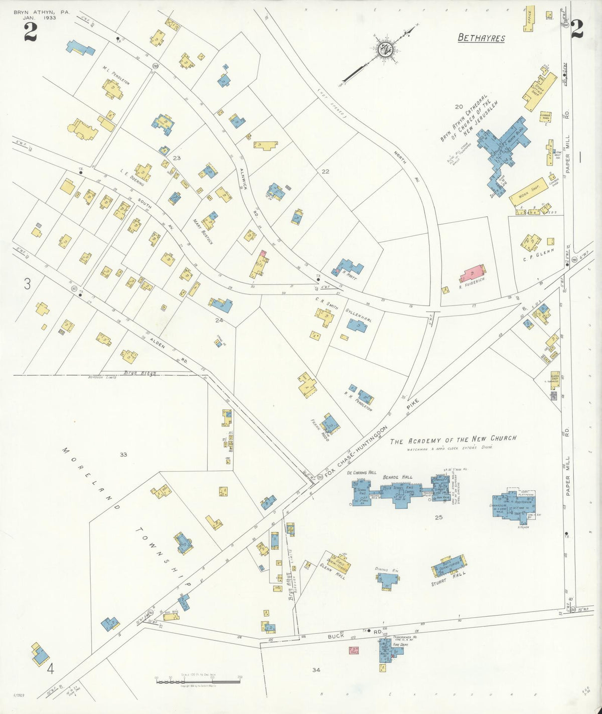 Sanborn Fire Insurance Map from Bryn Athyn, Montgomery County, Pennsylvania (1933), Sheet #0002 - Complete Map Set gallery image, historic Sanborn map, vintage wall art, Pennsylvania Pennsylvania