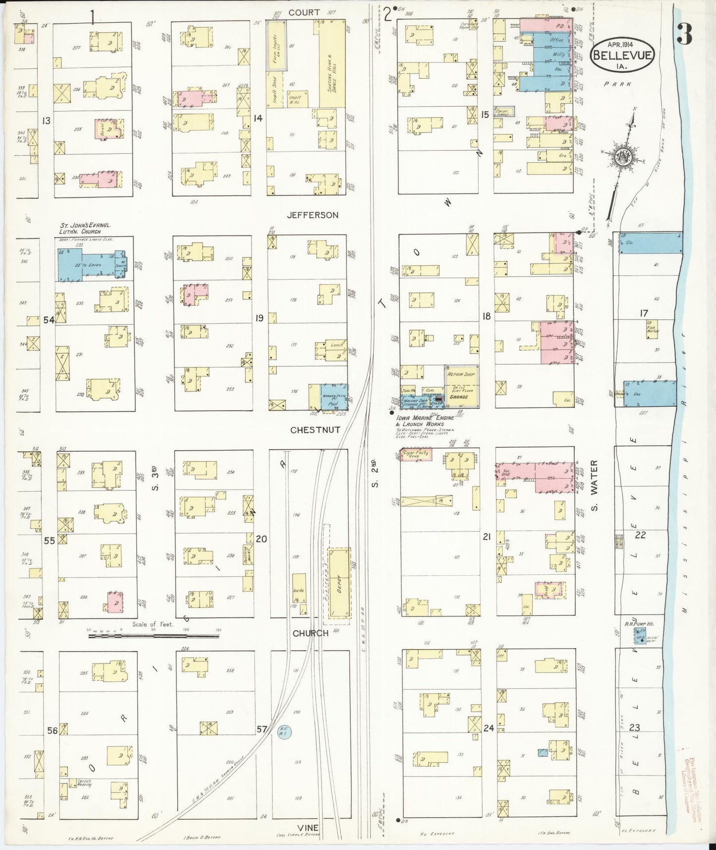 Sanborn Fire Insurance Map from Bellevue, Jackson County, Iowa (1914), Sheet #0003 - Historic Sanborn Fire Insurance Map Print, vintage old map wall art