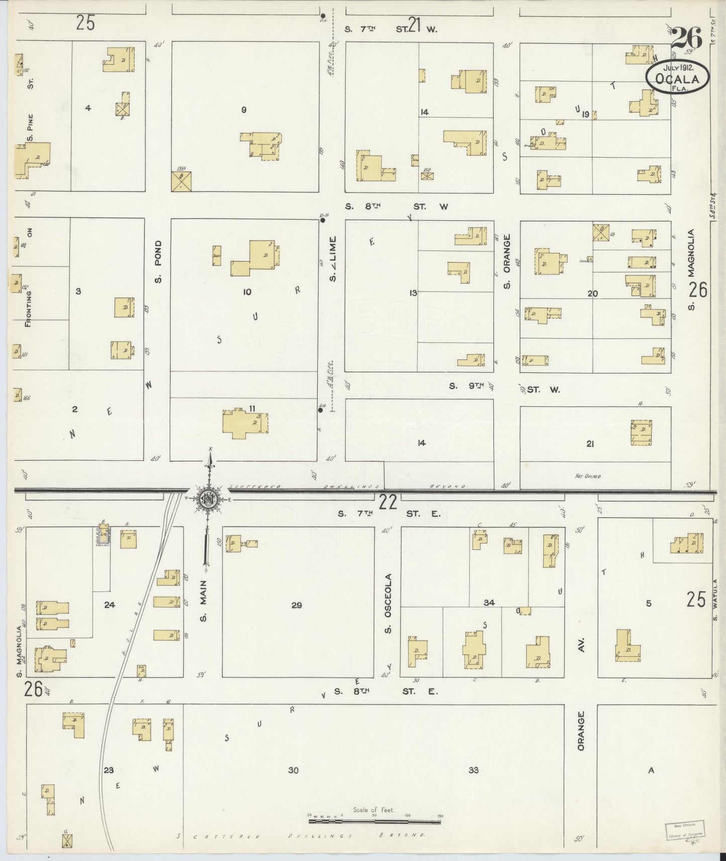 Sanborn Fire Insurance Map from Ocala, Marion County, Florida (1912), Sheet #0026 - Complete Map Set gallery image, historic Sanborn map, vintage wall art, Florida Florida