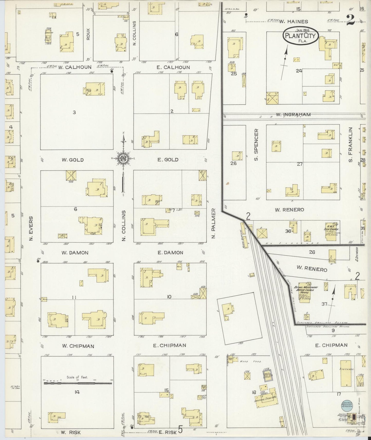 Sanborn Fire Insurance Map from Plant City, Hillborough County, Florida (1914), Sheet #0002 - Complete Map Set gallery image, historic Sanborn map, vintage wall art, Florida Florida