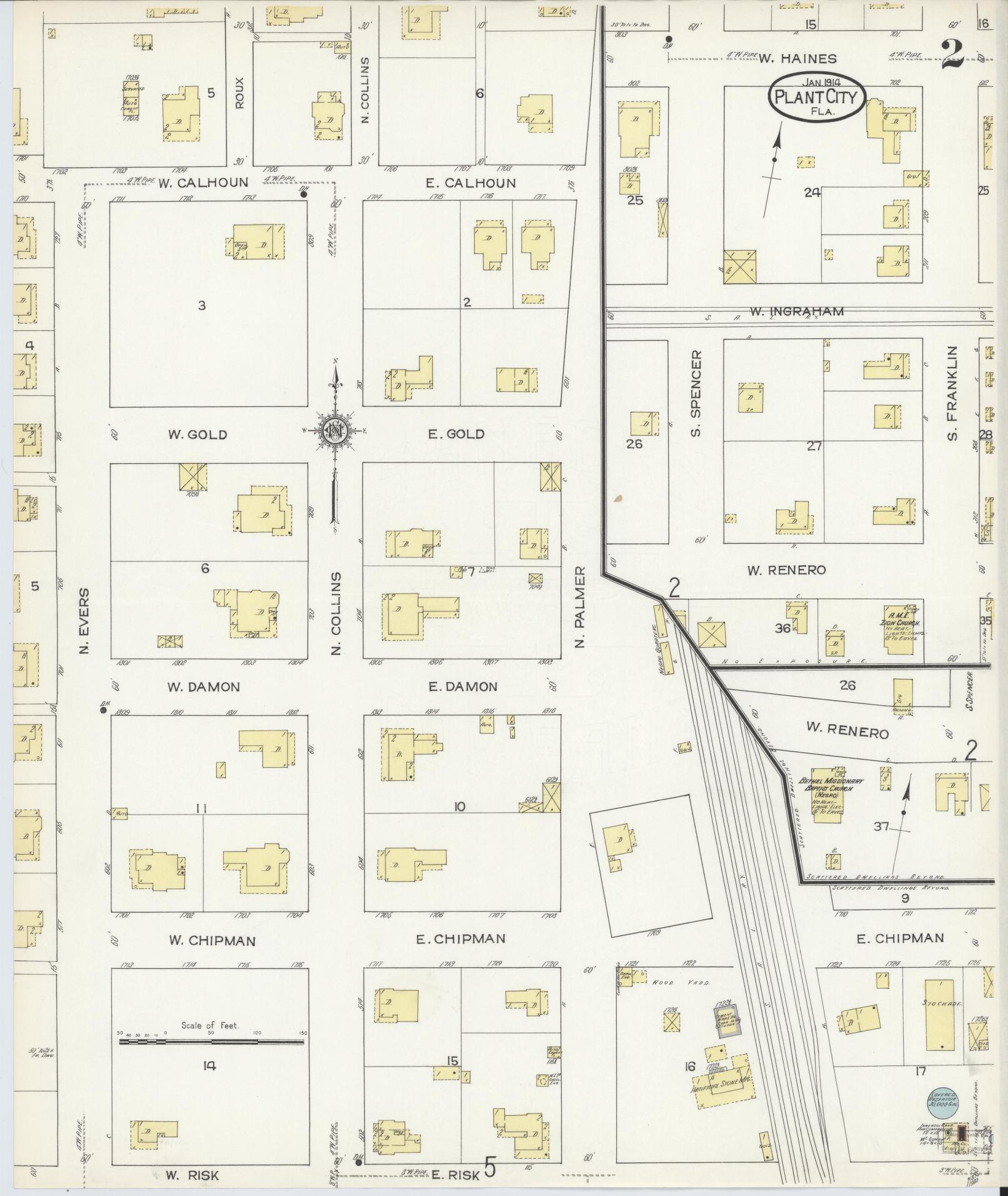 Sanborn Fire Insurance Map from Plant City, Hillborough County, Florida (1914), Sheet #0002 - Complete Map Set gallery image, historic Sanborn map, vintage wall art, Florida Florida