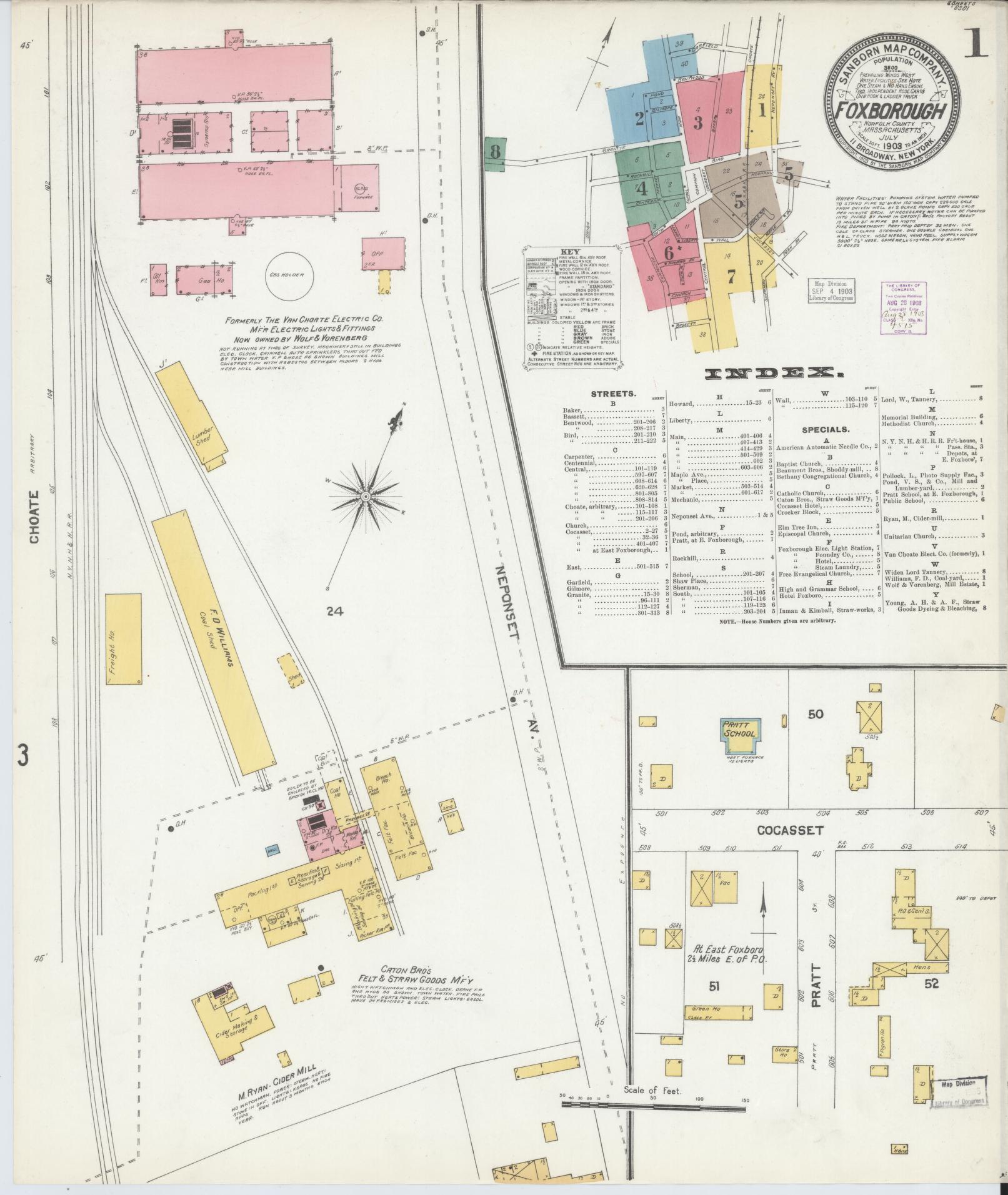 Sanborn Fire Insurance Map from Foxboro, Norfolk County, Massachusetts (1903), Sheet #0001 - Complete Map Set gallery image, historic Sanborn map, vintage wall art, Massachusetts Massachusetts