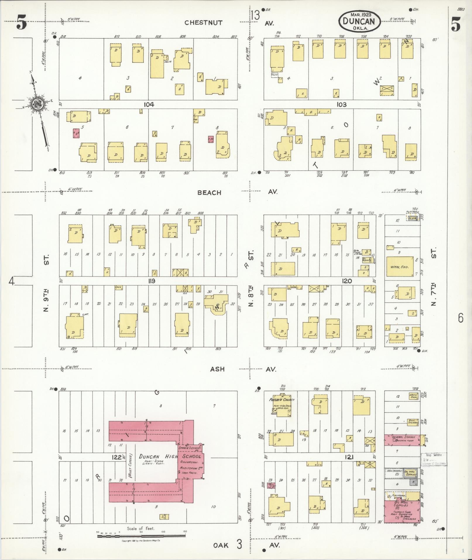 Sanborn Fire Insurance Map from Duncan, Stephens County, Oklahoma (1923), Sheet #0005 - Historic Sanborn Fire Insurance Map Print, vintage old map wall art, antique decor, genealogy gift, Oklahoma Oklahoma map