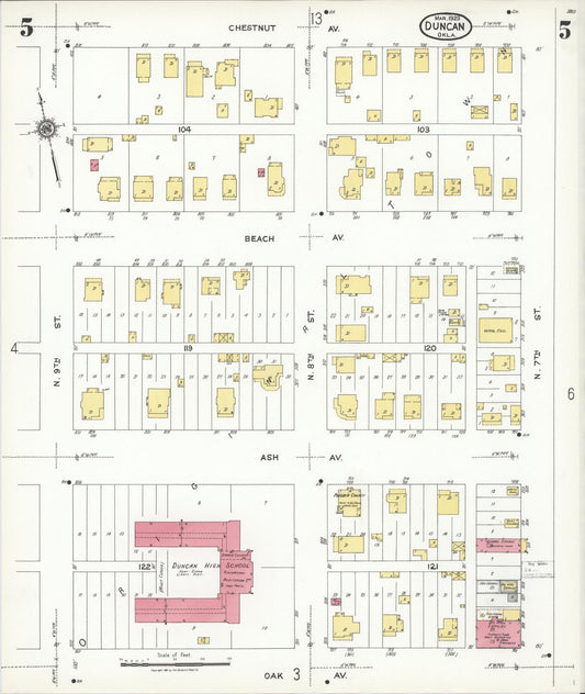 Sanborn Fire Insurance Map from Duncan, Stephens County, Oklahoma (1923), Sheet #0005 - Historic Sanborn Fire Insurance Map Print, vintage old map wall art, antique decor, genealogy gift, Oklahoma Oklahoma map