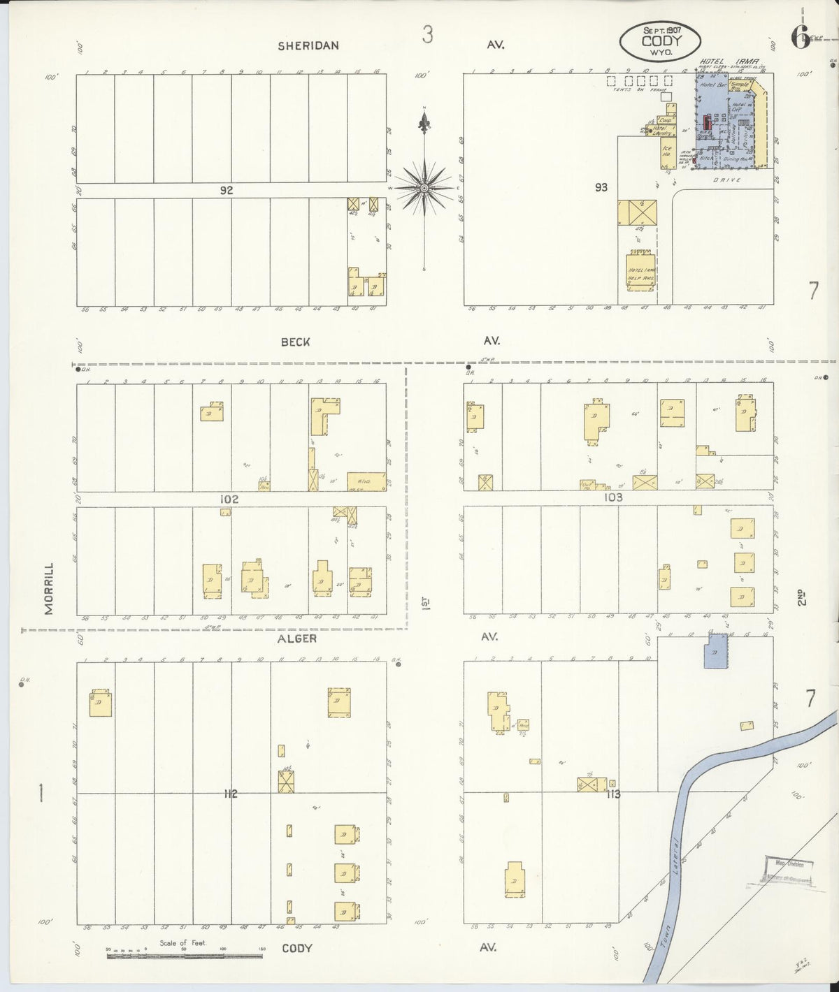 Sanborn Fire Insurance Map from Cody, Park County, Wyoming (1907), Sheet #0006 - Historic Sanborn Fire Insurance Map Print, vintage old map wall art, antique decor, genealogy gift, Wyoming Wyoming map