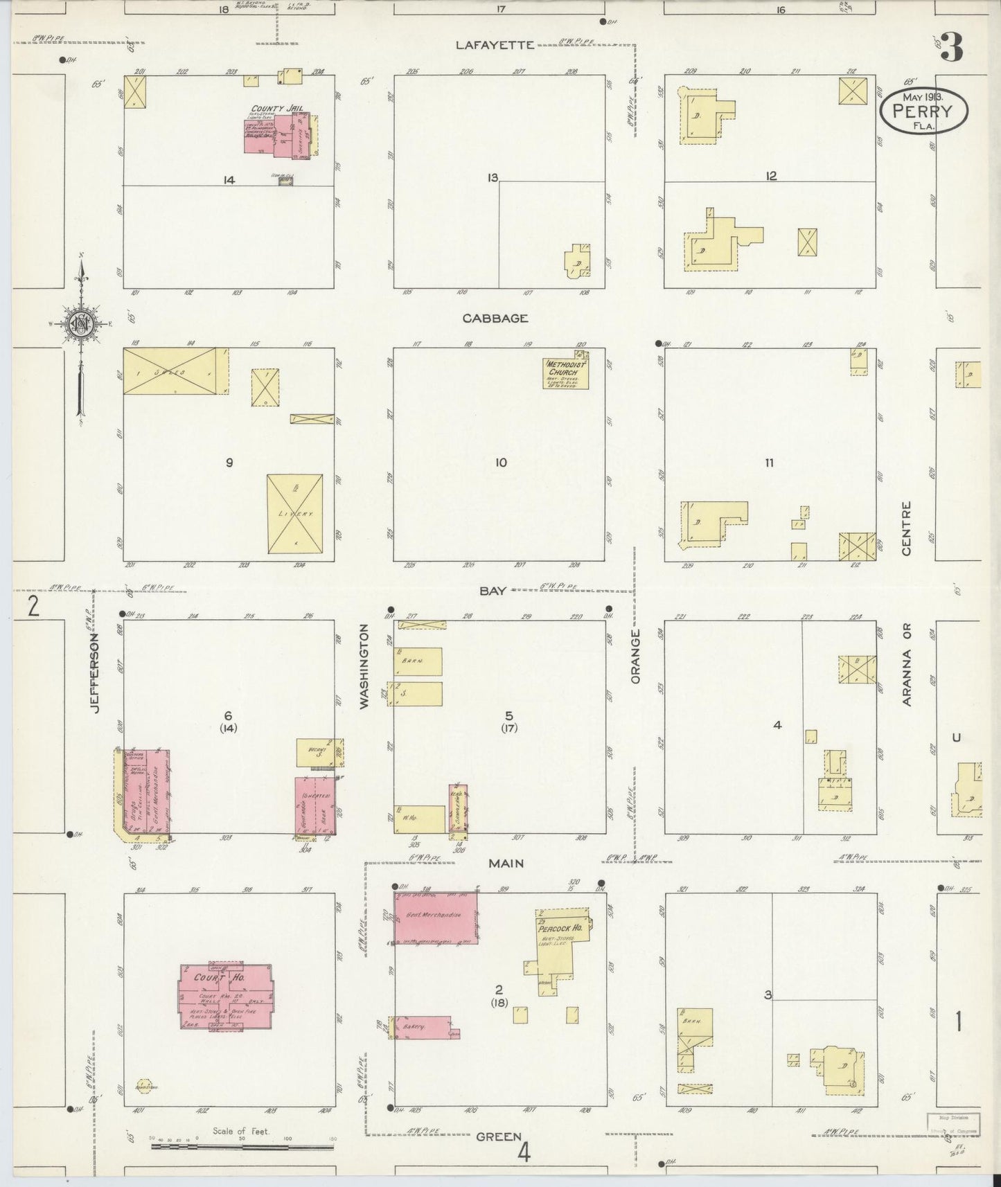 Sanborn Fire Insurance Map from Perry, Taylor County, Florida (1913), Sheet #0003 - Historic Sanborn Fire Insurance Map Print, vintage old map wall art, antique decor, genealogy gift, Florida Florida map
