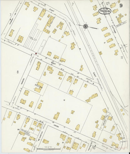 Sanborn Fire Insurance Map from Franklin, Norfolk County, Massachusetts (1919), Sheet #0009 - Historic Sanborn Fire Insurance Map Print, vintage old map wall art, antique decor, genealogy gift, Massachusetts Massachusetts map