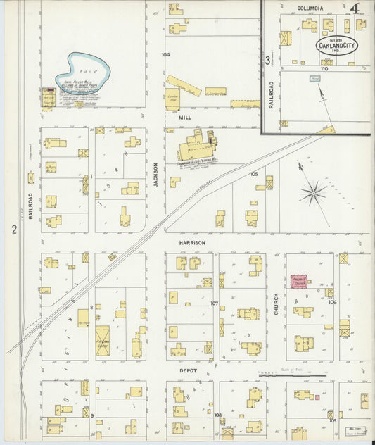 Sanborn Fire Insurance Map from Oakland City, Gibson County, Indiana (1899), Sheet #0004 - Historic Sanborn Fire Insurance Map Print, vintage old map wall art, antique decor, genealogy gift, Indiana Indiana map