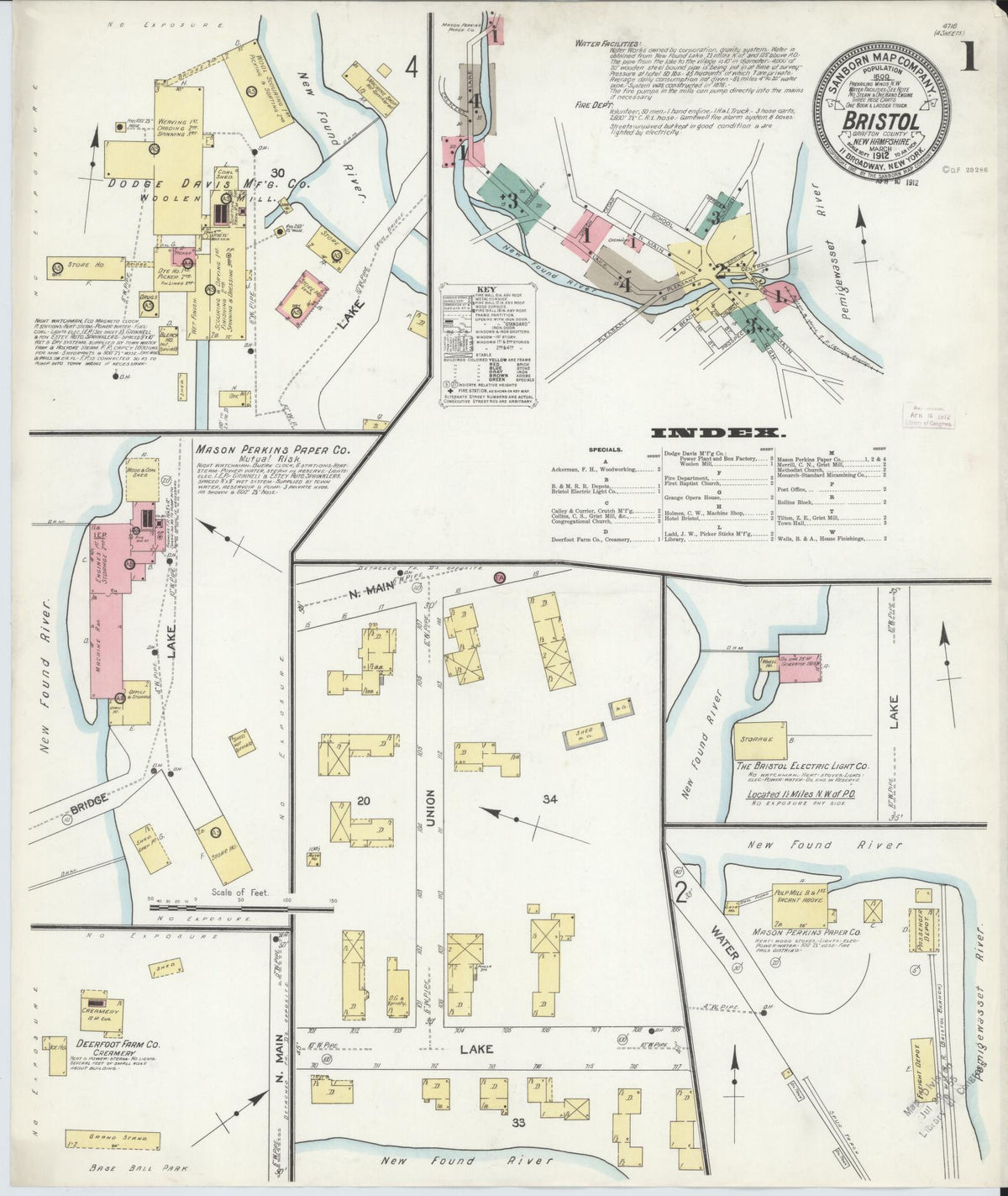 Sanborn Fire Insurance Map from Bristol, Grafton County, New Hampshire (1912), Sheet #0001 - Historic Sanborn Fire Insurance Map Print, vintage old map wall art, antique decor, genealogy gift, New Hampshire New Hampshire map