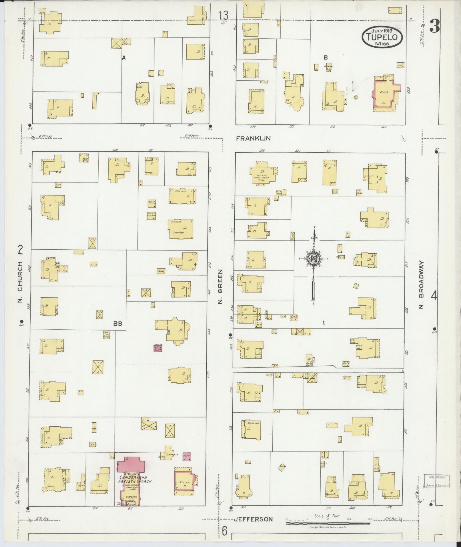Sanborn Fire Insurance Map from Tupelo, Lee County, Mississippi (1919), Sheet #0003 - Complete Map Set gallery image, historic Sanborn map, vintage wall art, Mississippi Mississippi