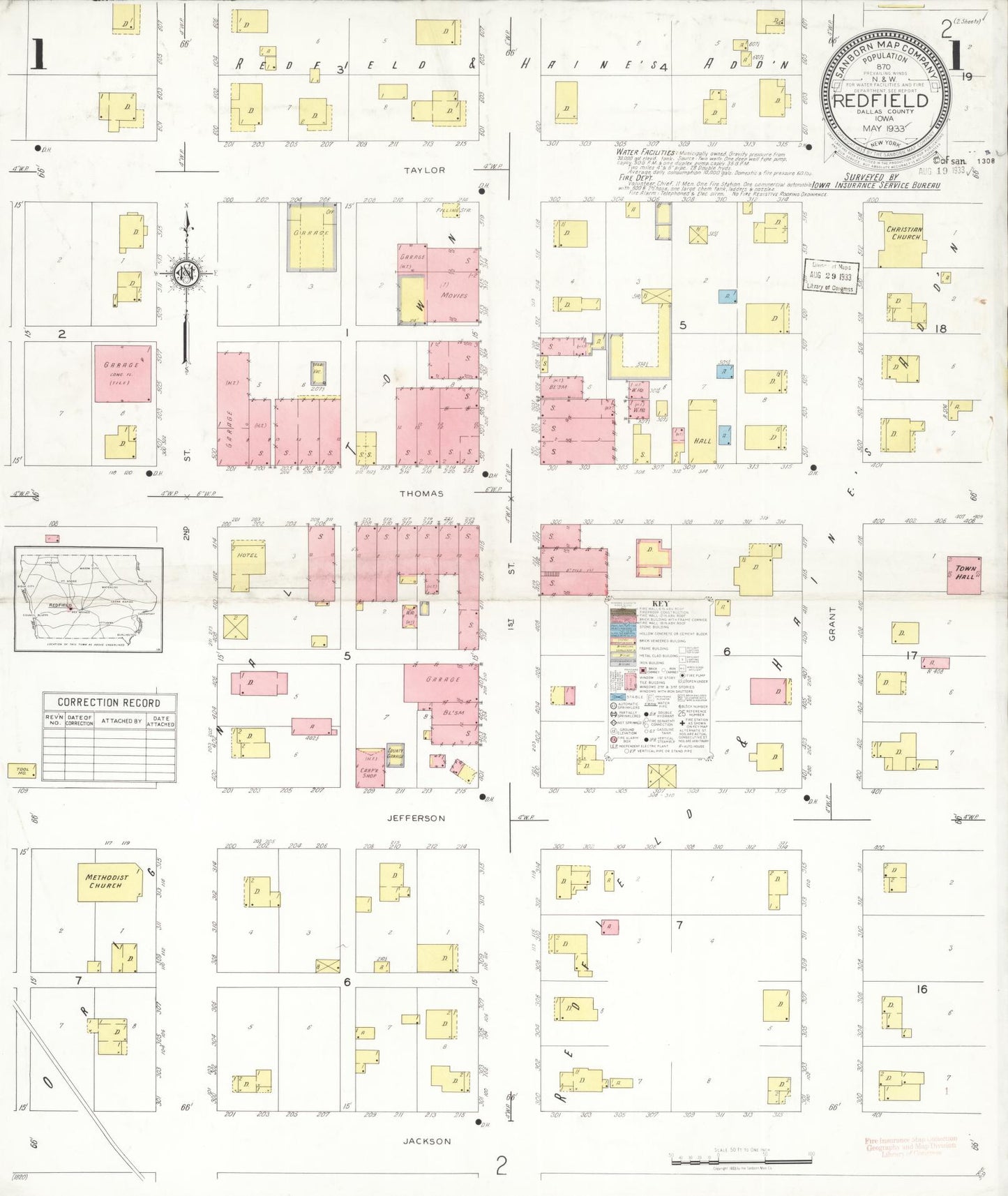 Sanborn Fire Insurance Map from Redfield, Dallas County, Iowa (1933), Sheet #0001 - Historic Sanborn Fire Insurance Map Print, vintage old map wall art