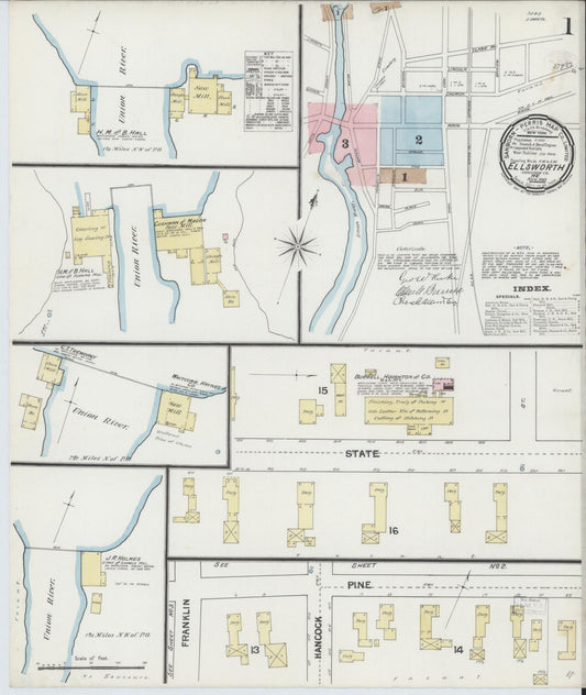 Sanborn Fire Insurance Map from Ellsworth, Hancock County, Maine (1889), Sheet #0001 - Complete Map Set gallery image, historic Sanborn map, vintage wall art, Maine Maine