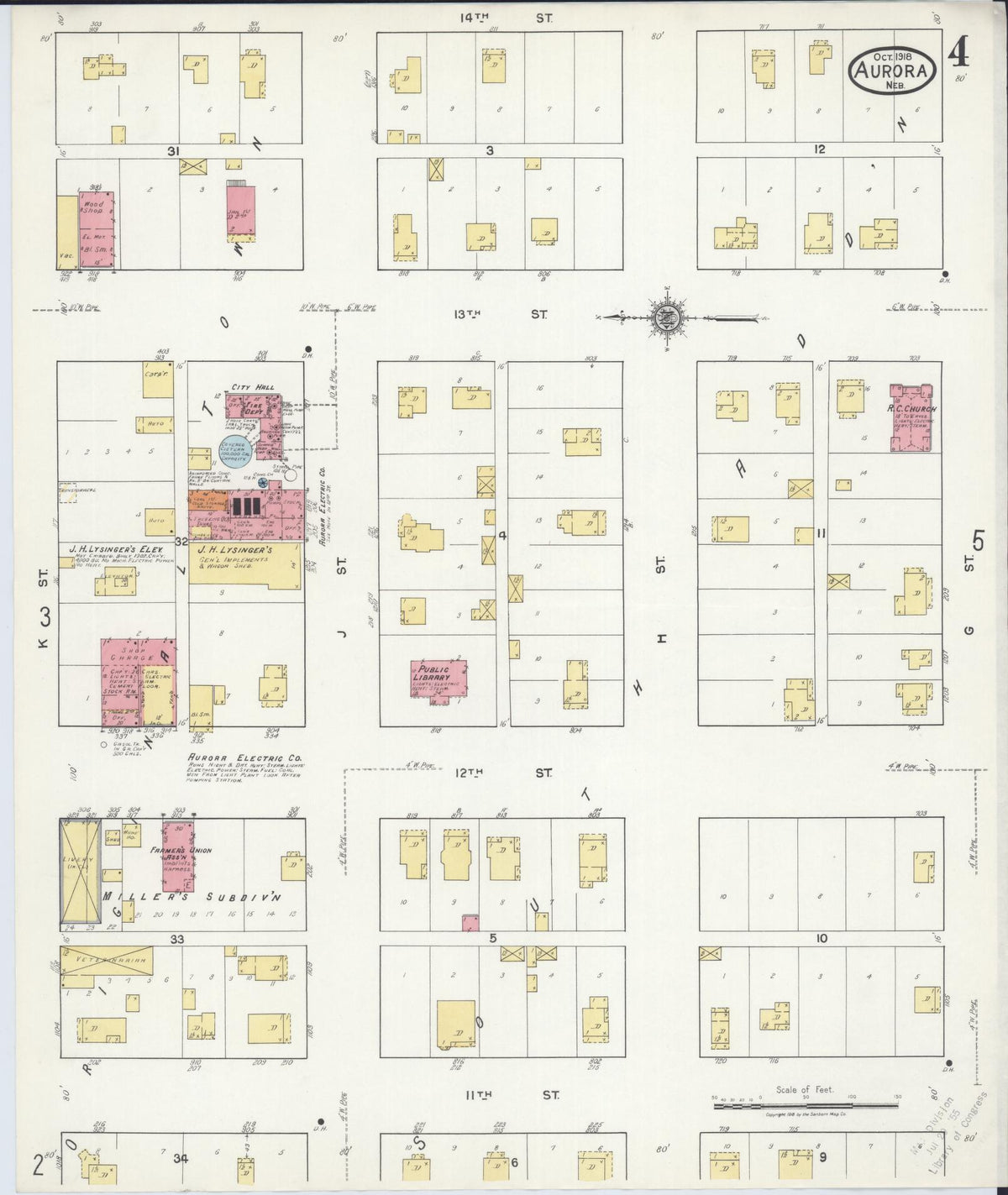 Sanborn Fire Insurance Map from Aurora, Hamilton County, Nebraska (1918), Sheet #0004 - Historic Sanborn Fire Insurance Map Print, vintage old map wall art, antique decor, genealogy gift, Nebraska Nebraska map