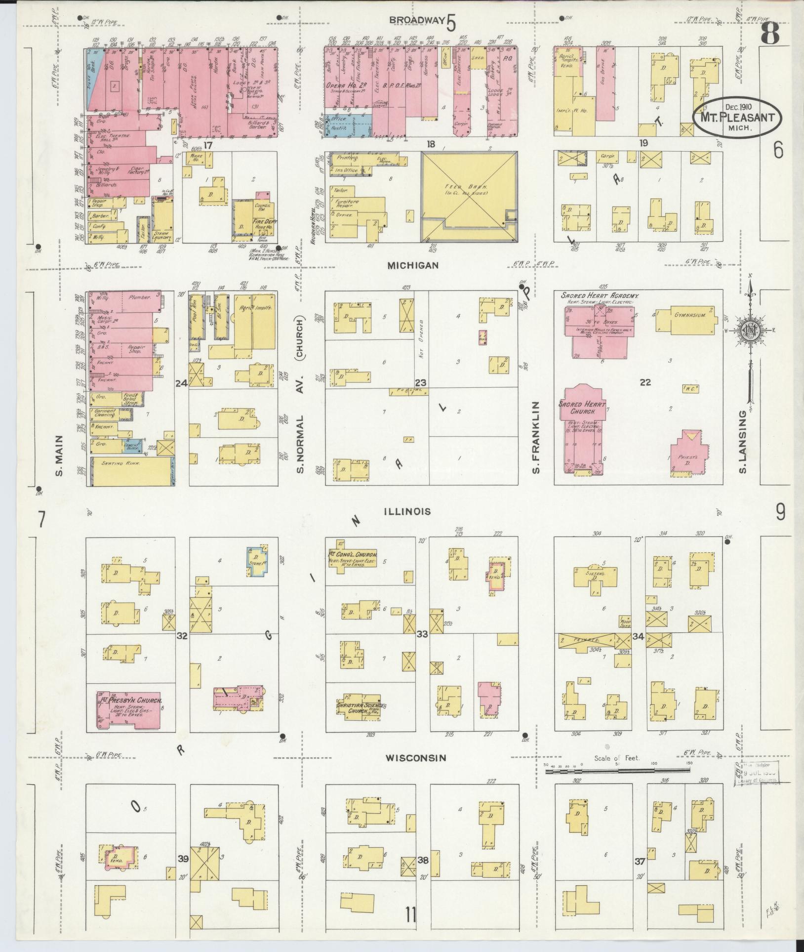 Sanborn Fire Insurance Map from Mount Pleasant, Isabella County, Michigan (1910), Sheet #0008 - Complete Map Set gallery image, historic Sanborn map, vintage wall art, Michigan Michigan