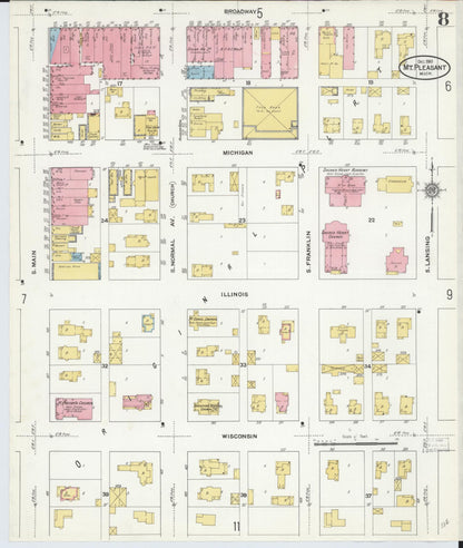 Sanborn Fire Insurance Map from Mount Pleasant, Isabella County, Michigan (1910), Sheet #0008 - Complete Map Set gallery image, historic Sanborn map, vintage wall art, Michigan Michigan