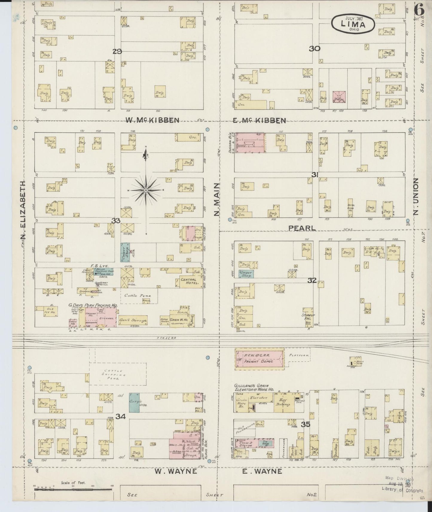 Sanborn Fire Insurance Map from Lima, Allen County, Ohio (1887), Sheet #0006 - Historic Sanborn Fire Insurance Map Print, vintage old map wall art, antique decor, genealogy gift, Ohio Ohio map