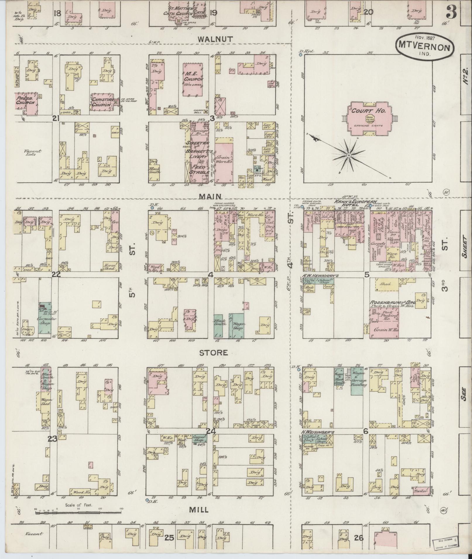 Sanborn Fire Insurance Map from Mount Vernon, Posey County, Indiana (1887), Sheet #0003 - Complete Map Set gallery image, historic Sanborn map, vintage wall art, Indiana Indiana