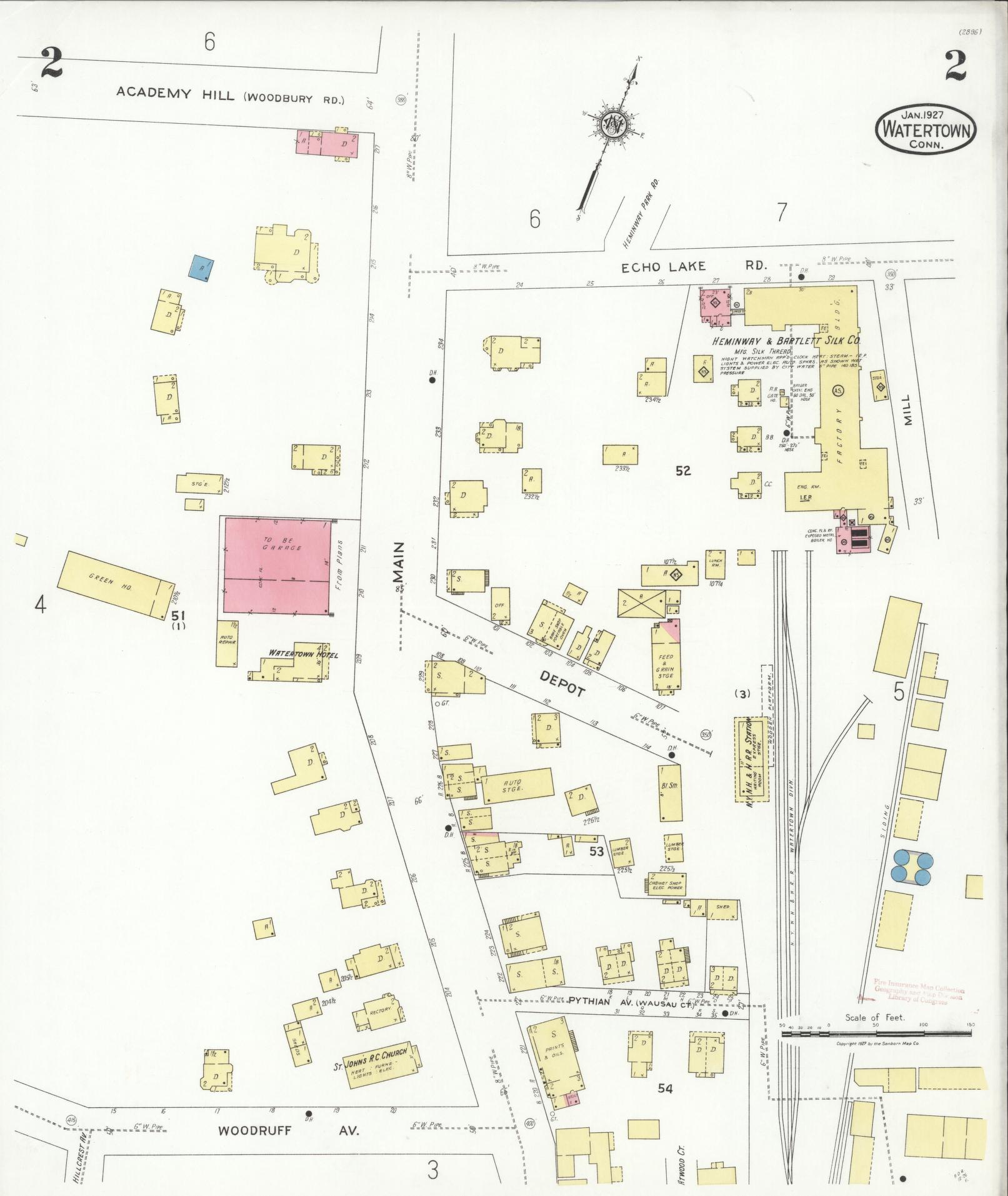 Sanborn Fire Insurance Map from Watertown, Litchfield County, Connecticut (1927), Sheet #0002 - Complete Map Set gallery image, historic Sanborn map, vintage wall art, Connecticut Connecticut