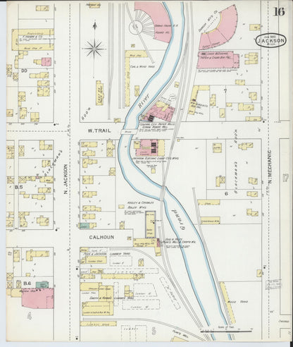 Sanborn Fire Insurance Map from Jackson, Jackson County, Michigan (1893), Sheet #0016 - Historic Sanborn Fire Insurance Map Print, vintage old map wall art, antique decor, genealogy gift, Michigan Michigan map