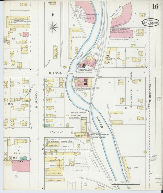Sanborn Fire Insurance Map from Jackson, Jackson County, Michigan (1893), Sheet #0016 - Historic Sanborn Fire Insurance Map Print, vintage old map wall art, antique decor, genealogy gift, Michigan Michigan map