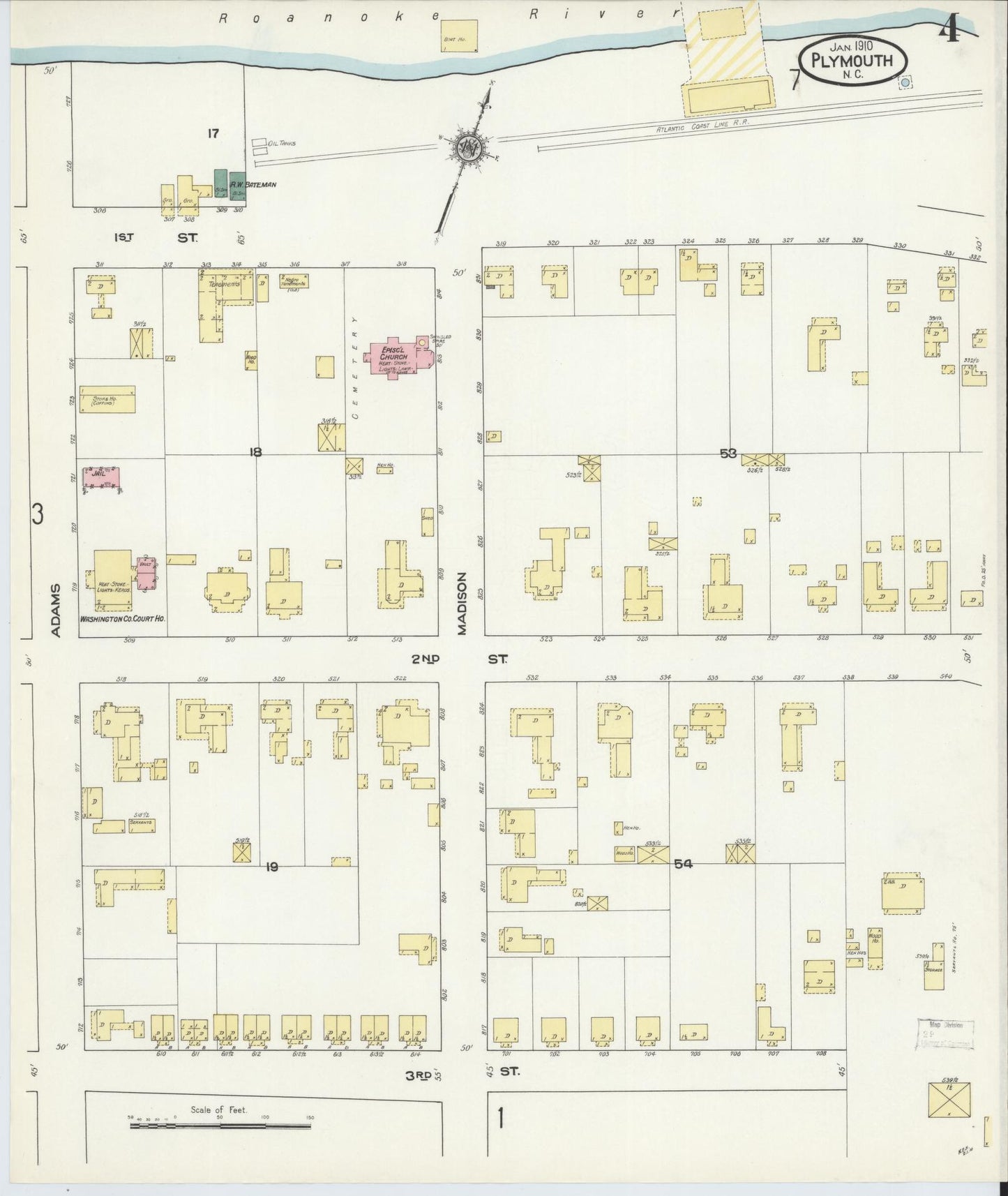 Sanborn Fire Insurance Map from Plymouth, Washington County, North Carolina (1910), Sheet #0004 - Complete Map Set gallery image, historic Sanborn map, vintage wall art, North Carolina North Carolina