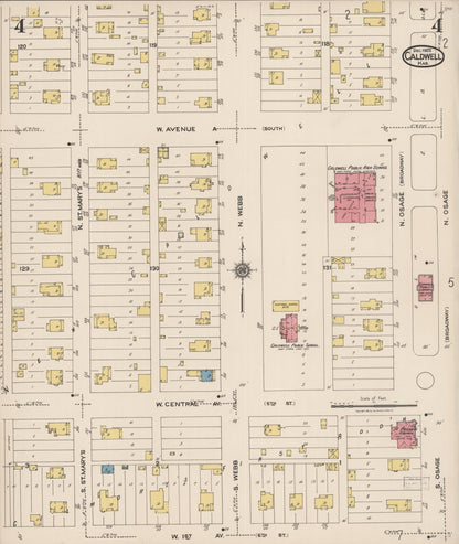 Sanborn Fire Insurance Map from Caldwell, Sumner County, Kansas (1922), Sheet #0004 - Complete Map Set gallery image, historic Sanborn map, vintage wall art, Kansas Kansas