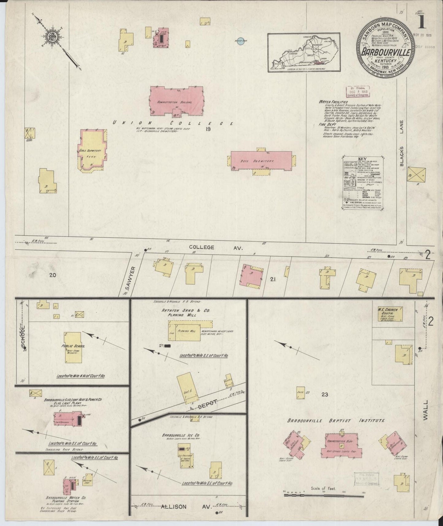 Sanborn Fire Insurance Map from Barbourville, Knox County, Kentucky (1913), Sheet #0001 - Complete Map Set gallery image, historic Sanborn map, vintage wall art, Kentucky Kentucky