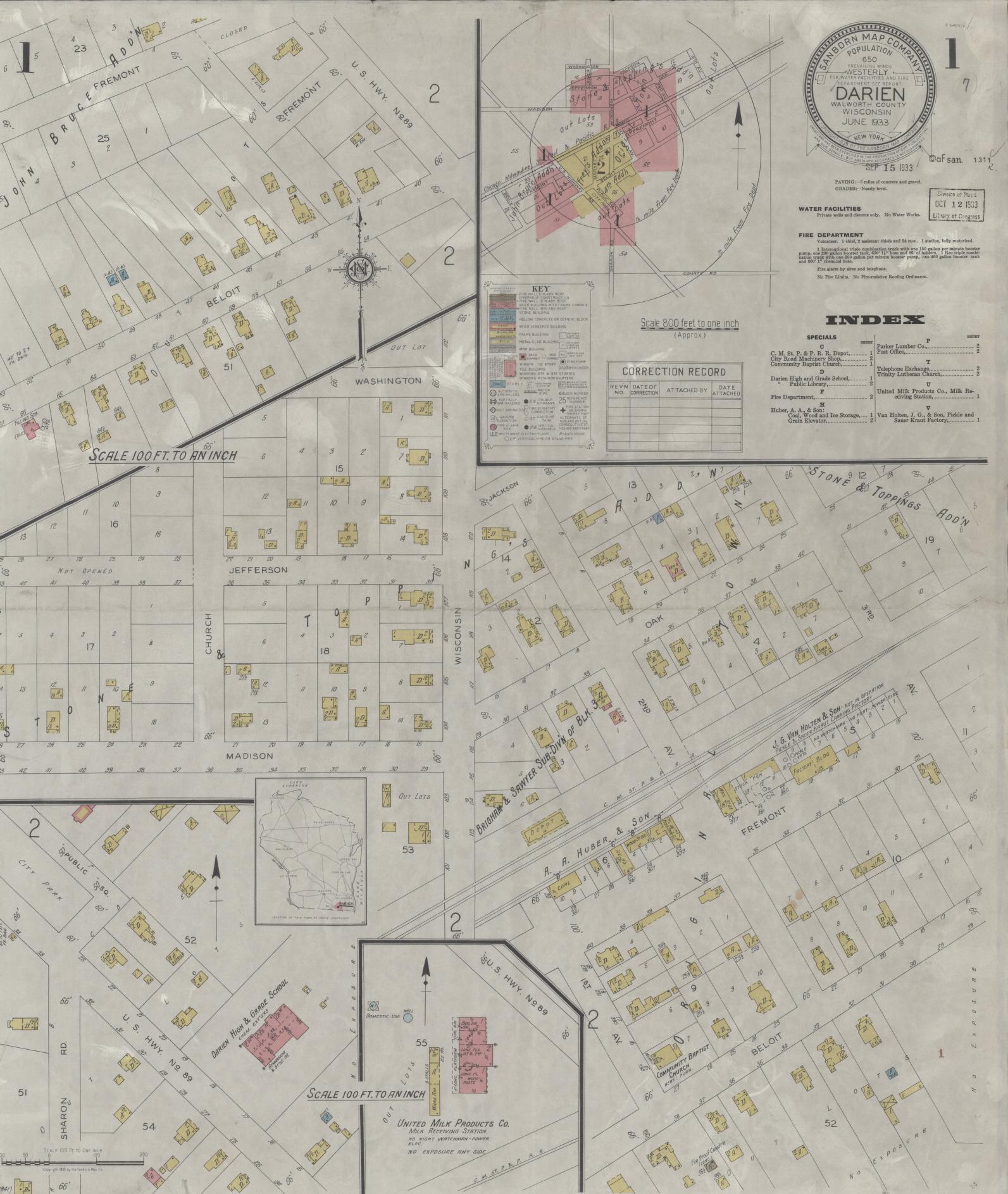 Sanborn Fire Insurance Map from Darien, Walworth County, Wisconsin (1933), Sheet #0001 - Historic Sanborn Fire Insurance Map Print, vintage old map wall art, antique decor, genealogy gift, Wisconsin Wisconsin map