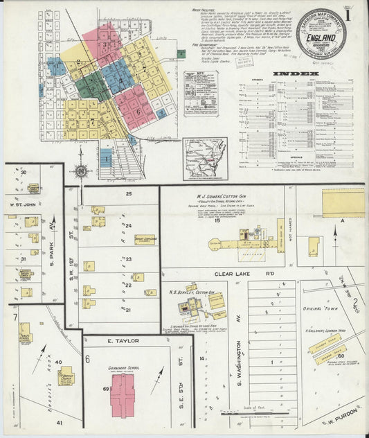 Sanborn Fire Insurance Map from England, Lonoke County, Arkansas (1921), Sheet #0001 - Complete Map Set gallery image, historic Sanborn map, vintage wall art, Arkansas Arkansas