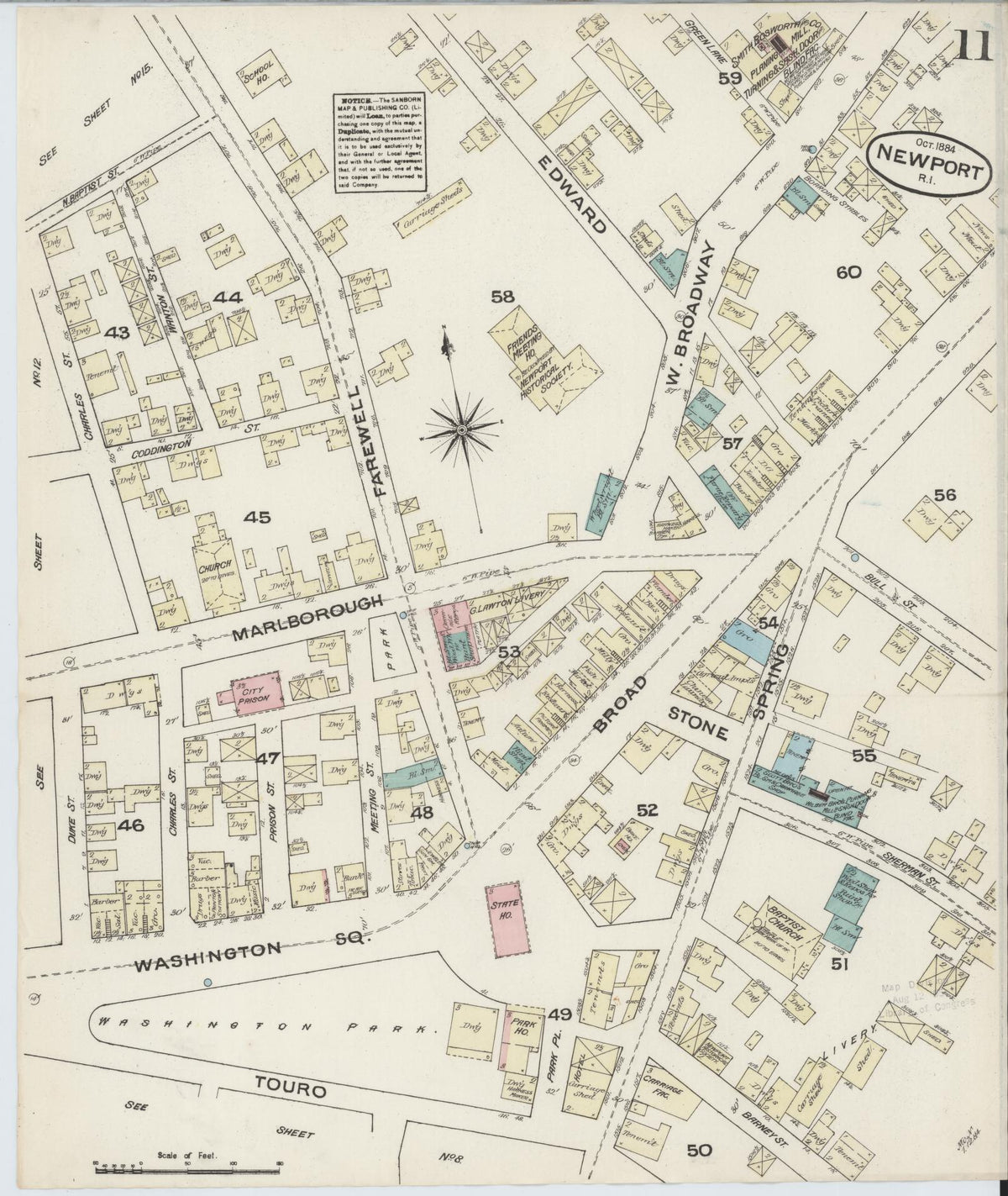 Sanborn Fire Insurance Map from Newport, Newport County, Rhode Island (1884), Sheet #0011 - Historic Sanborn Fire Insurance Map Print, vintage old map wall art, antique decor, genealogy gift, Rhode Island Rhode Island map