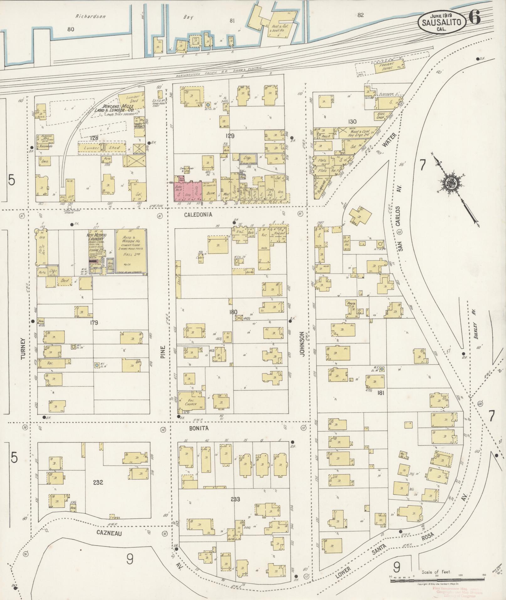 Sanborn Fire Insurance Map from Sausalito, Marin County, California (1919), Sheet #0006 - Complete Map Set gallery image, historic Sanborn map, vintage wall art, California California