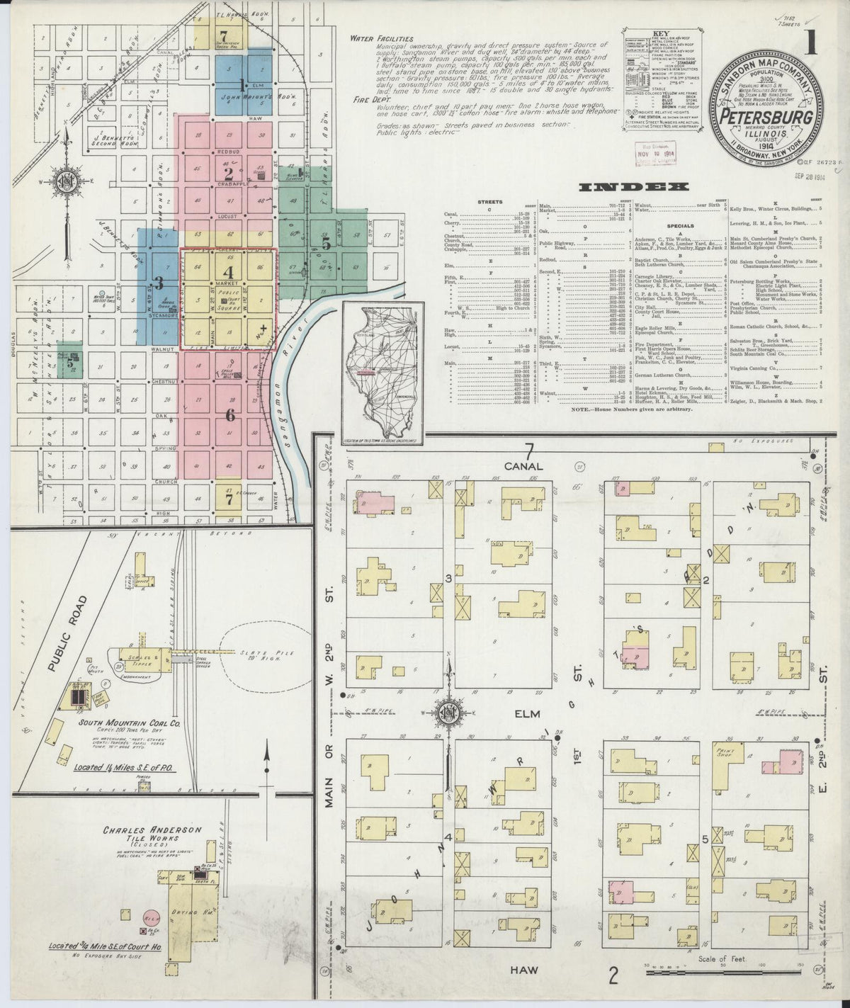 Sanborn Fire Insurance Map from Petersburg, Menard County, Illinois (1914), Sheet #0001 - Complete Map Set gallery image, historic Sanborn map, vintage wall art, Illinois Illinois