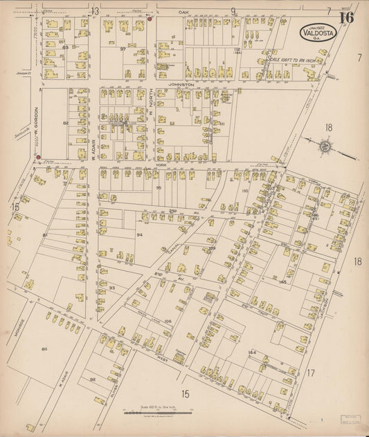 Sanborn Fire Insurance Map from Valdosta, Lowndes County, Georgia (1922), Sheet #0016 - Historic Sanborn Fire Insurance Map Print, vintage old map wall art, antique decor, genealogy gift, Georgia Georgia map