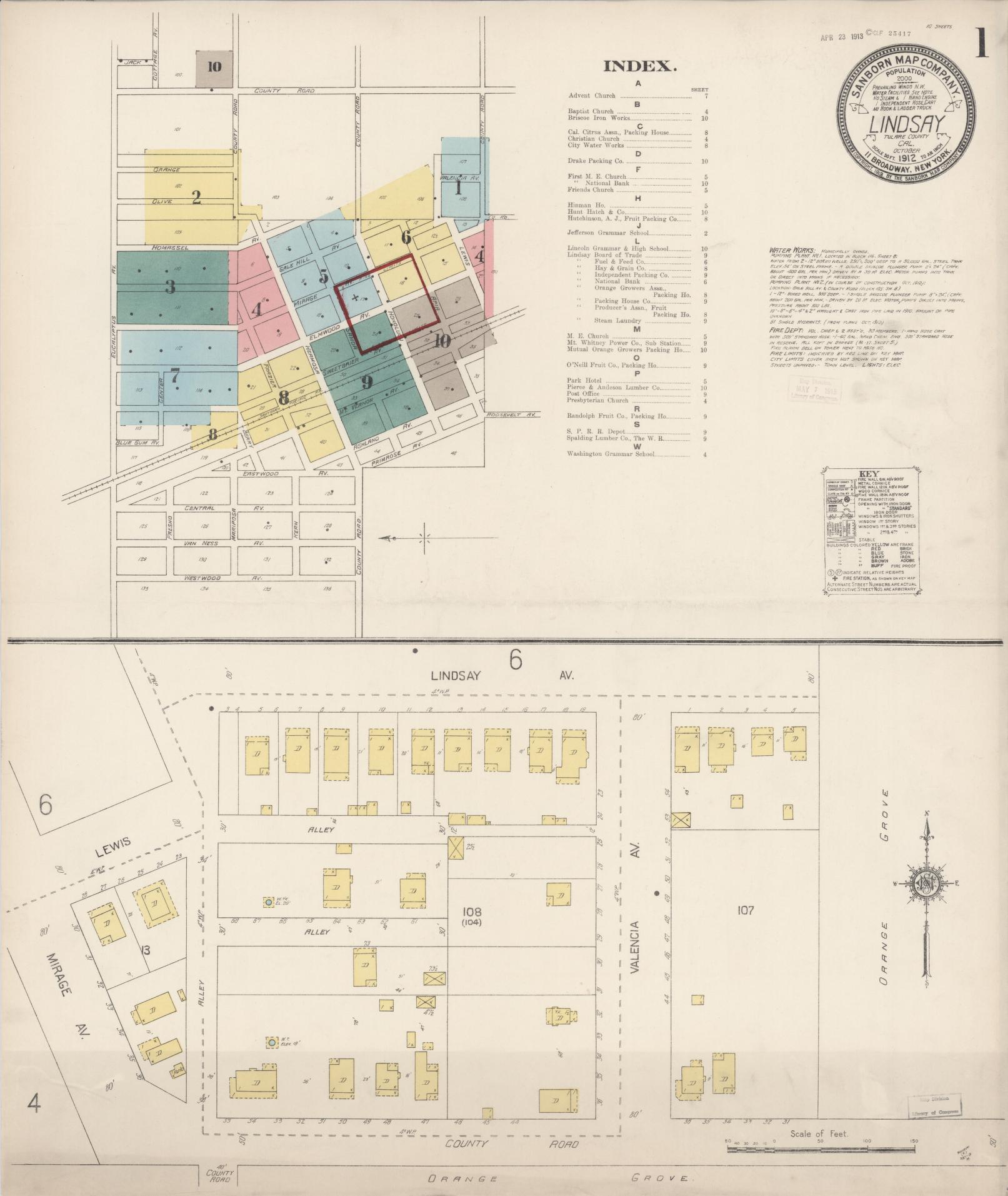 Sanborn Fire Insurance Map from Lindsay, Tulare County, California (1912), Sheet #0001 - Historic Sanborn Fire Insurance Map Print, vintage old map wall art, antique decor, genealogy gift, California California map