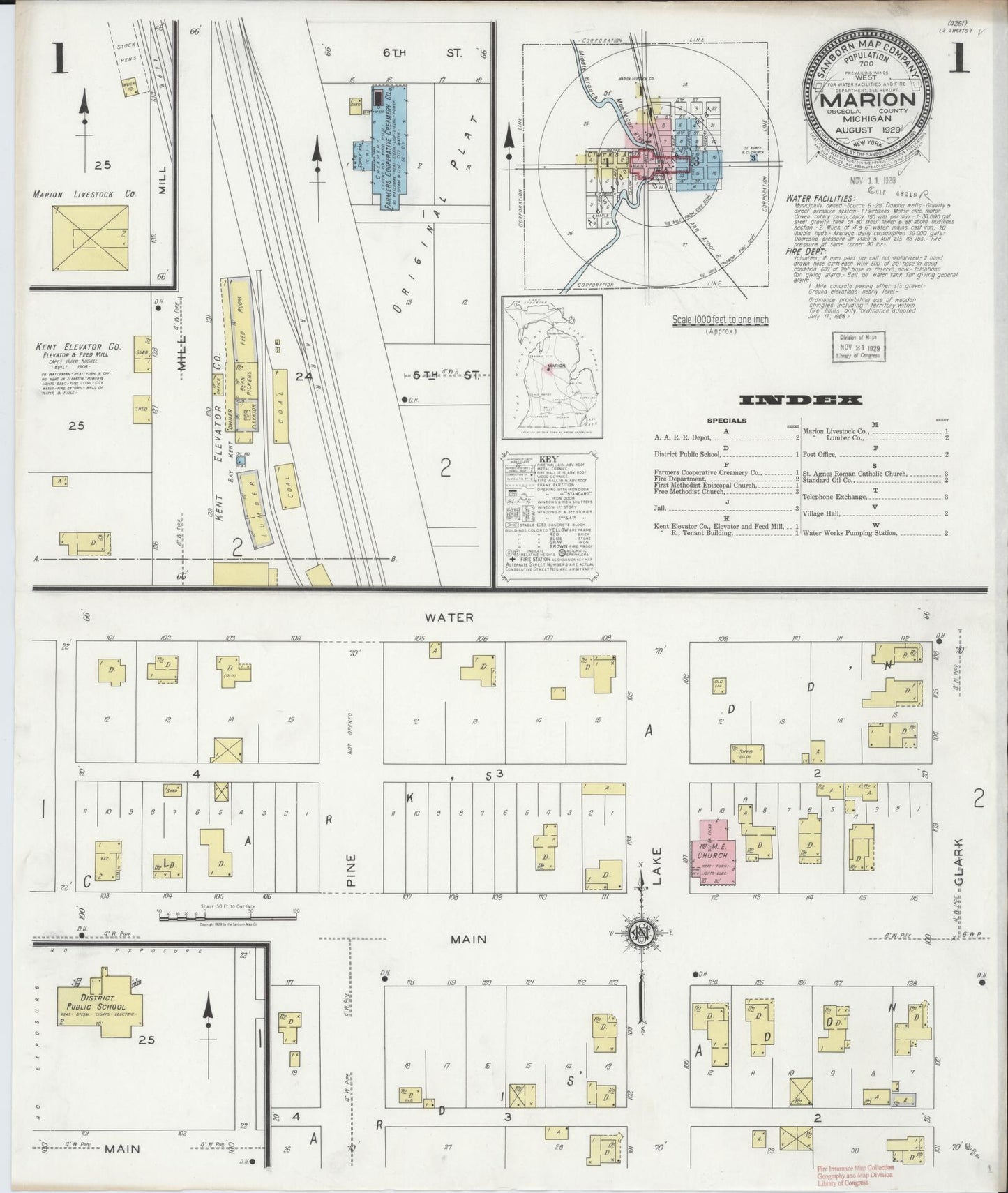 Sanborn Fire Insurance Map from Marion, Osceola County, Michigan (1929), Sheet #0001 - Historic Sanborn Fire Insurance Map Print, vintage old map wall art, antique decor, genealogy gift, Michigan Michigan map