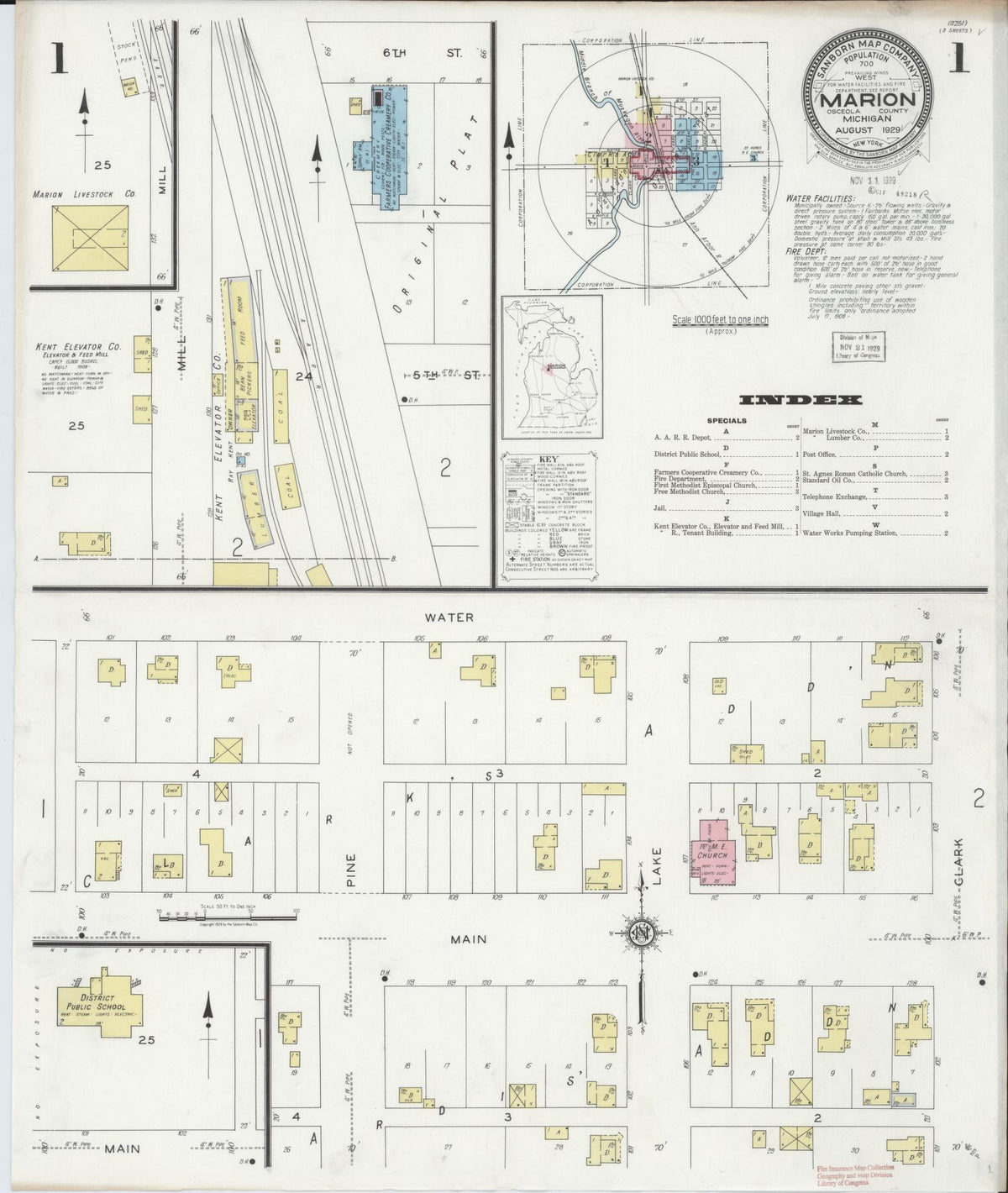 Sanborn Fire Insurance Map from Marion, Osceola County, Michigan (1929), Sheet #0001 - Historic Sanborn Fire Insurance Map Print, vintage old map wall art, antique decor, genealogy gift, Michigan Michigan map