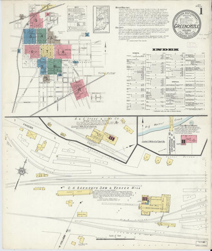 Sanborn Fire Insurance Map from Greencastle, Putnam County, Indiana (1913), Sheet #0001 - Complete Map Set gallery image, historic Sanborn map, vintage wall art, Indiana Indiana